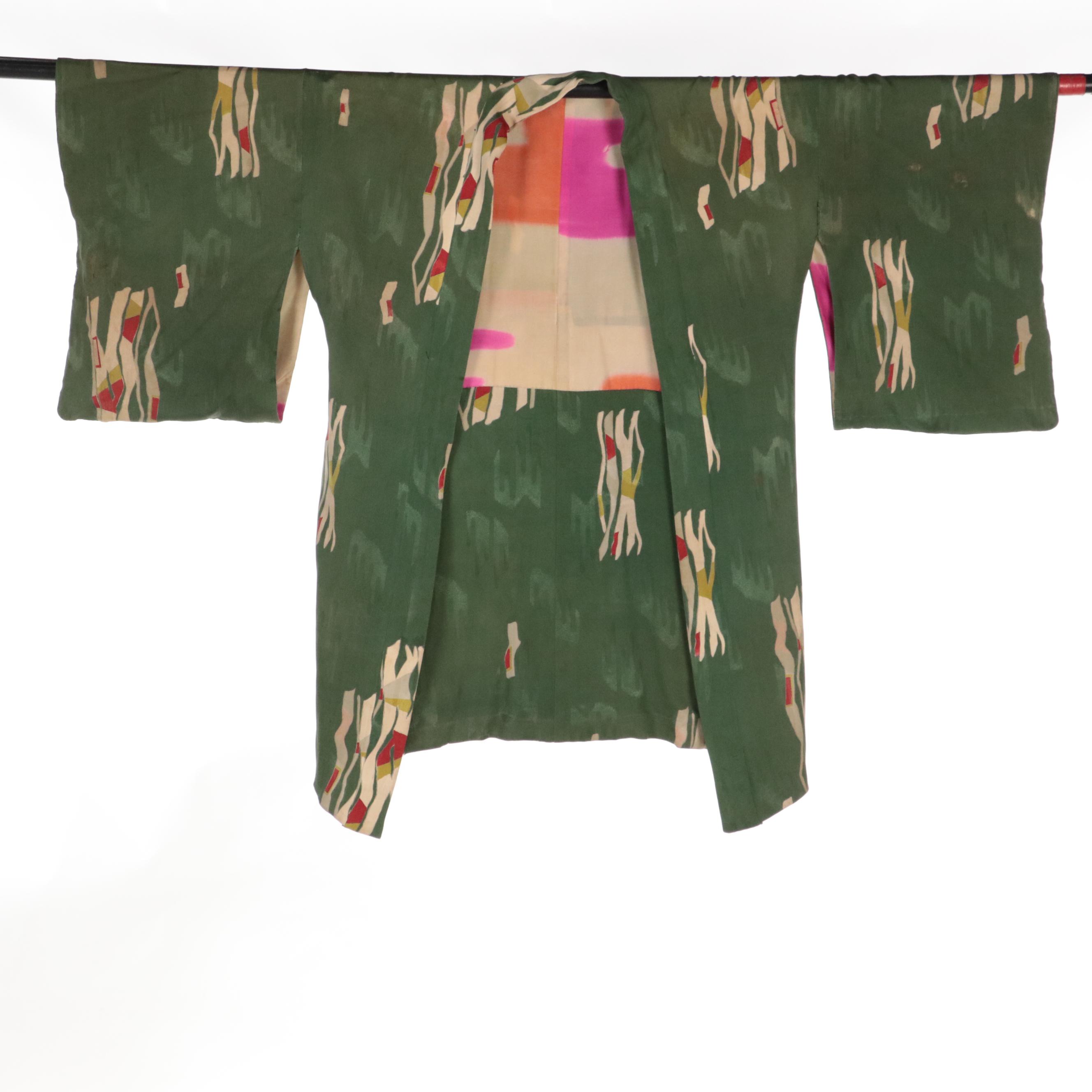 Green Haori Style Jacket in Abstract Print Silk Jacquard
