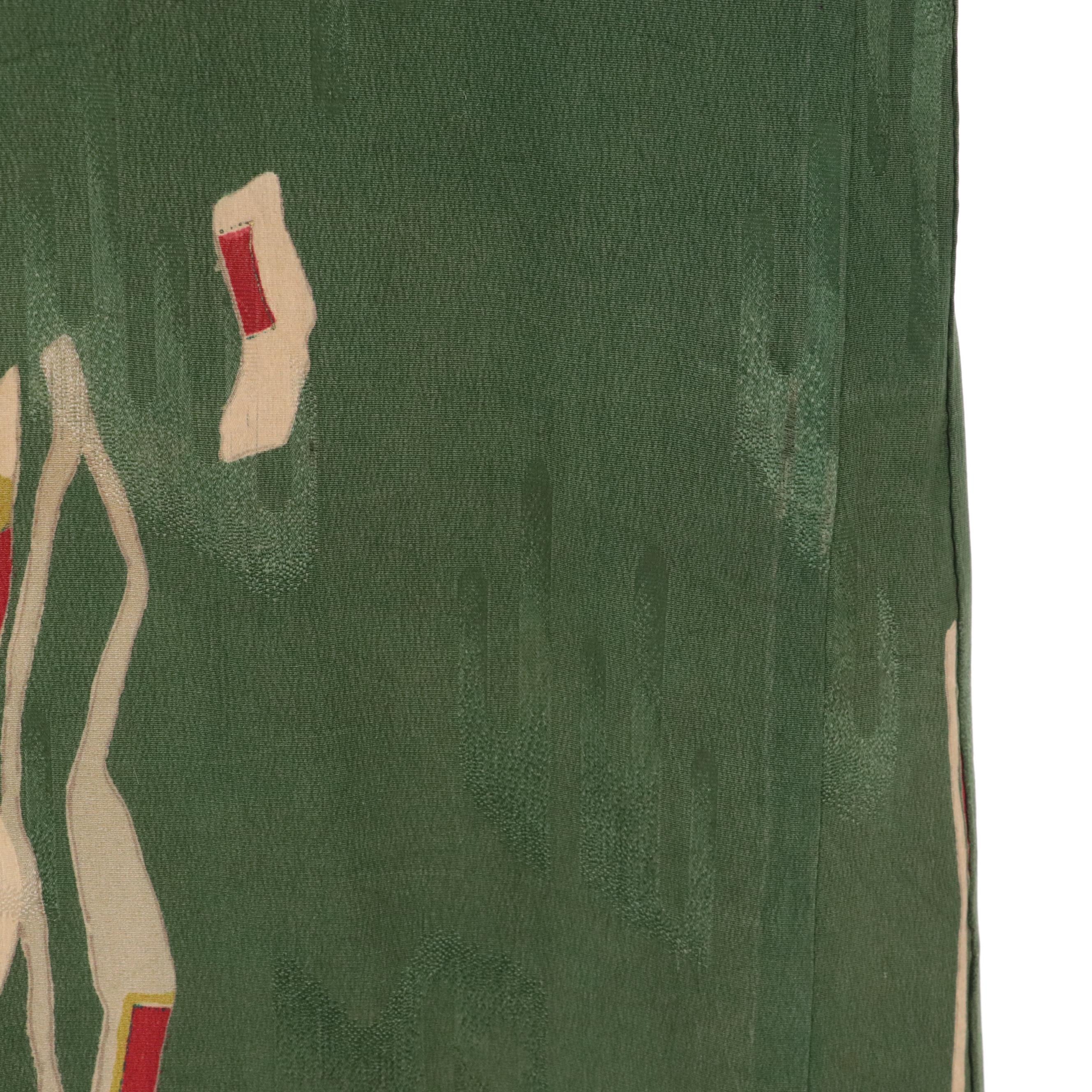 Green Haori Style Jacket in Abstract Print Silk Jacquard