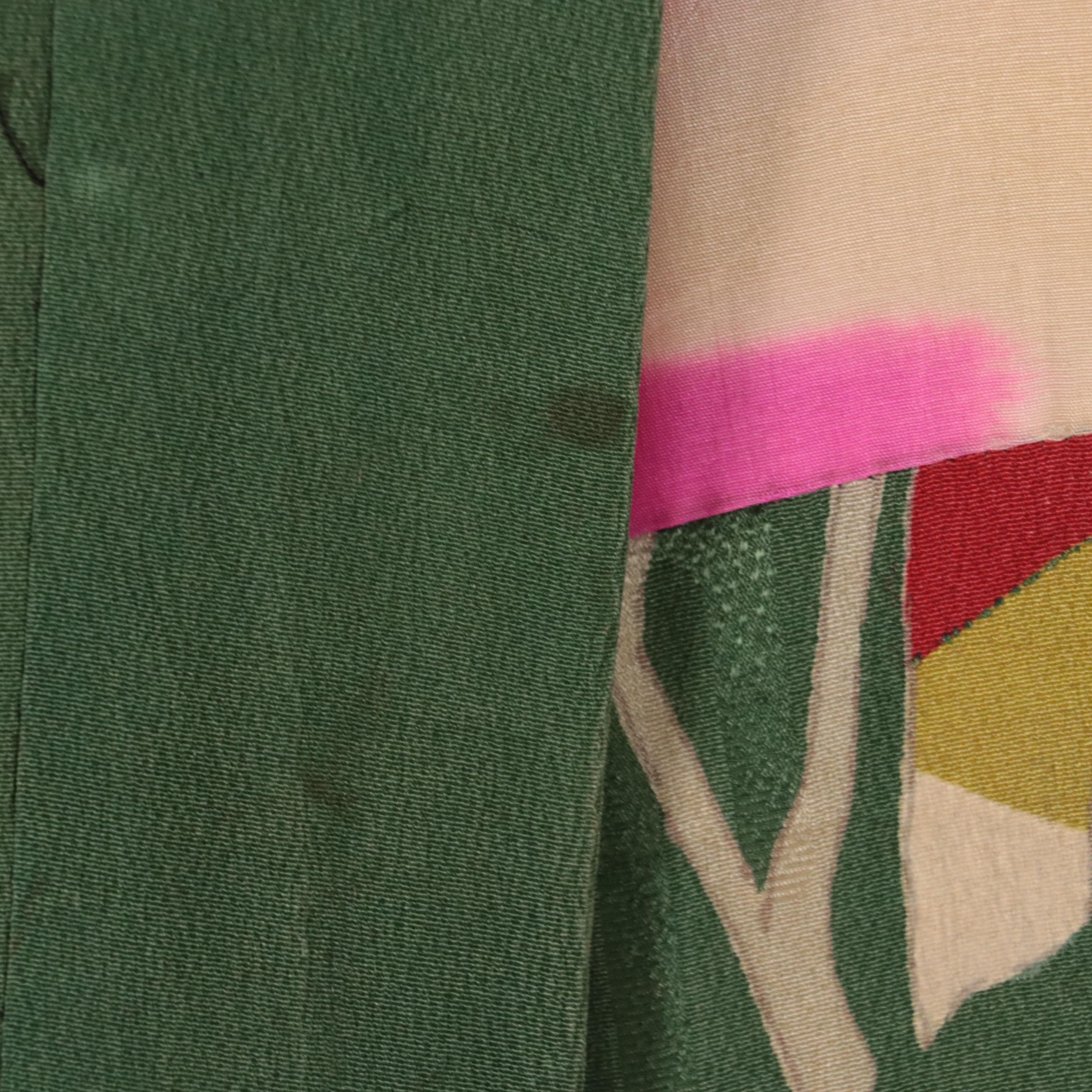 Green Haori Style Jacket in Abstract Print Silk Jacquard