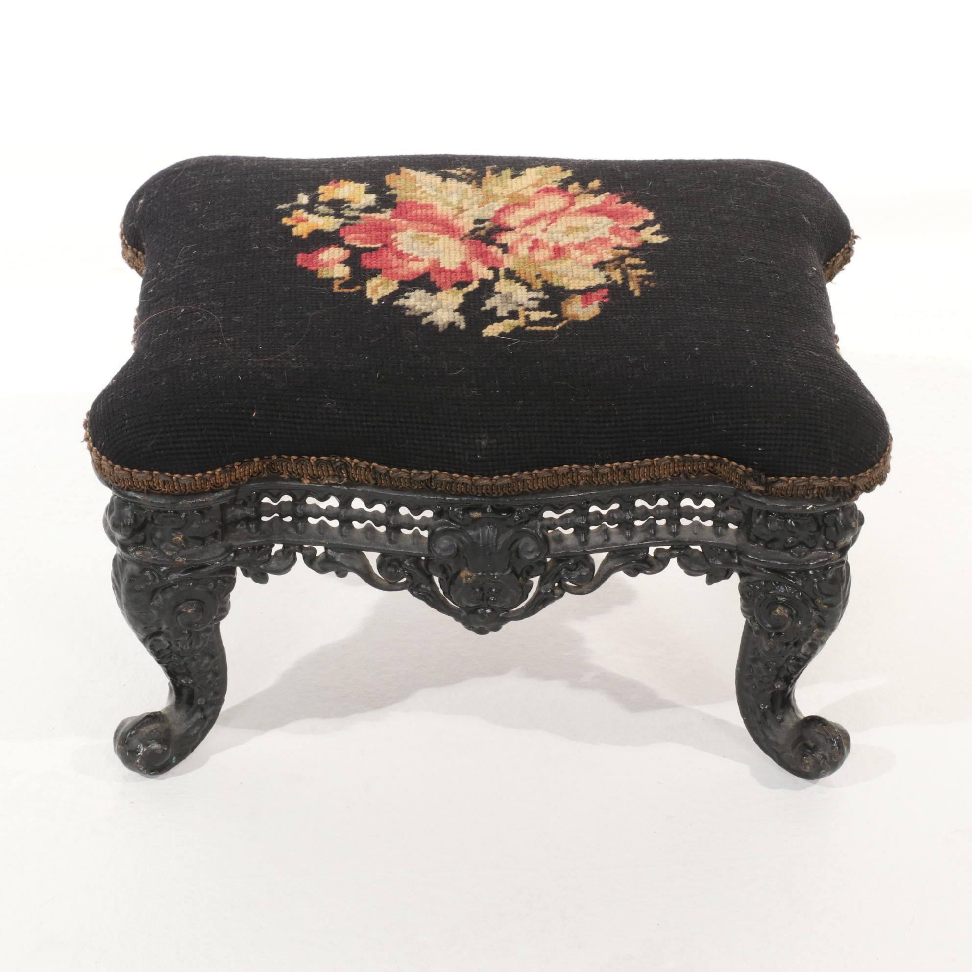 Victorian Iron Footstool With Needlepoint and 1860s Fashion Items and Parasol