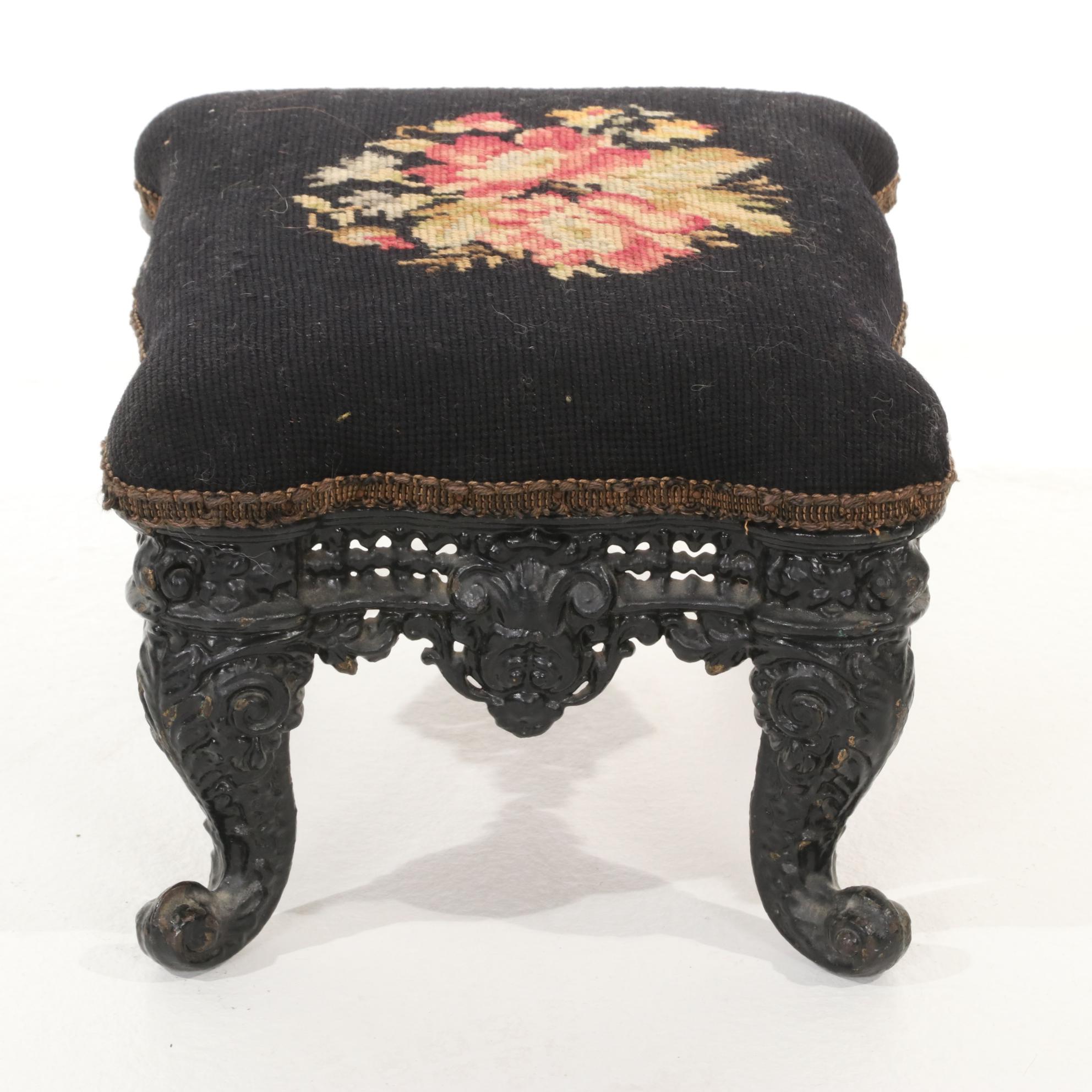 Victorian Iron Footstool With Needlepoint and 1860s Fashion Items and Parasol