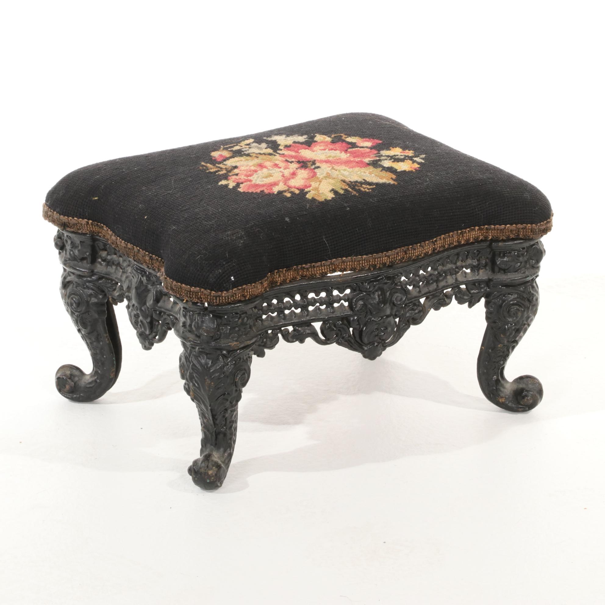 Victorian Iron Footstool With Needlepoint and 1860s Fashion Items and Parasol