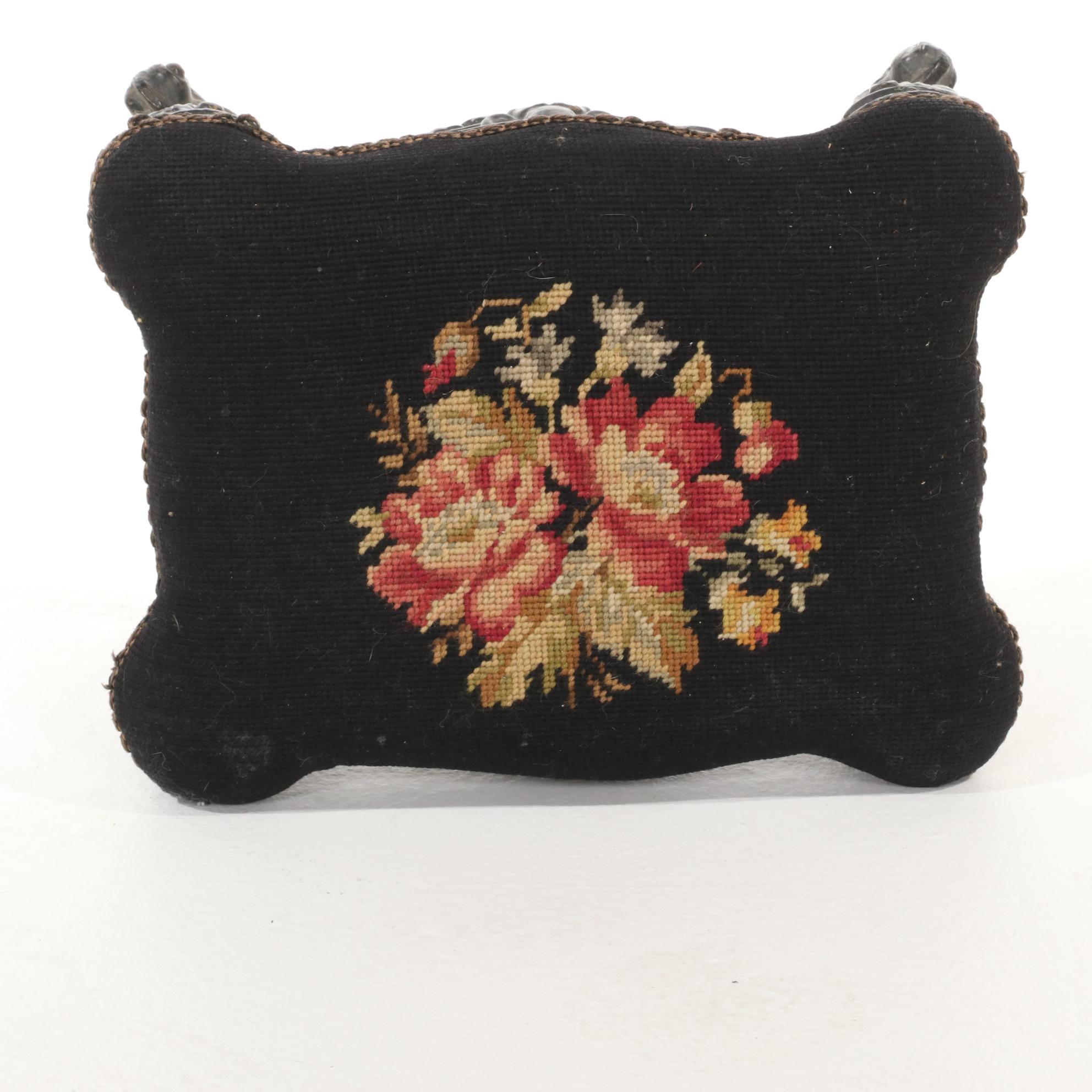 Victorian Iron Footstool With Needlepoint and 1860s Fashion Items and Parasol