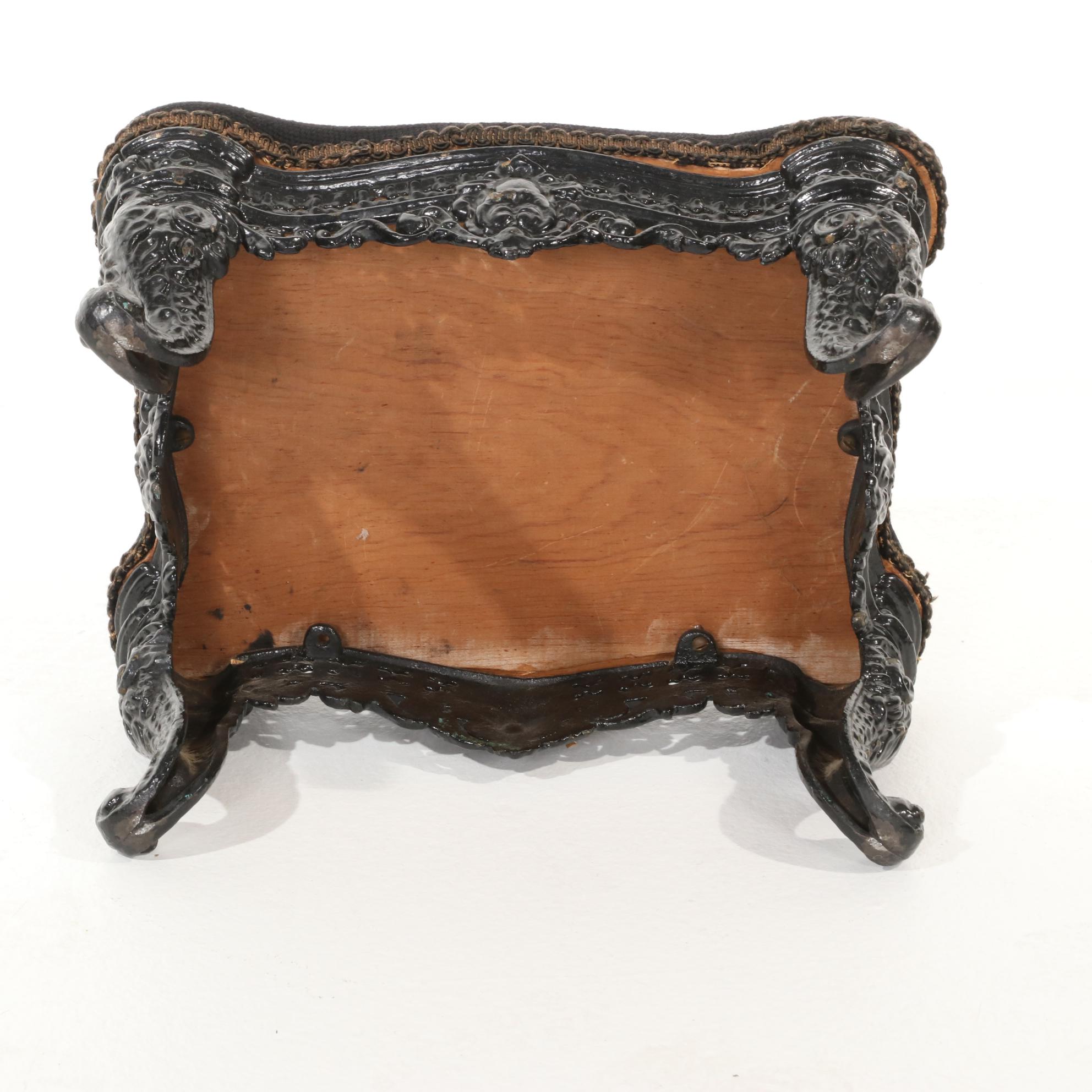 Victorian Iron Footstool With Needlepoint and 1860s Fashion Items and Parasol