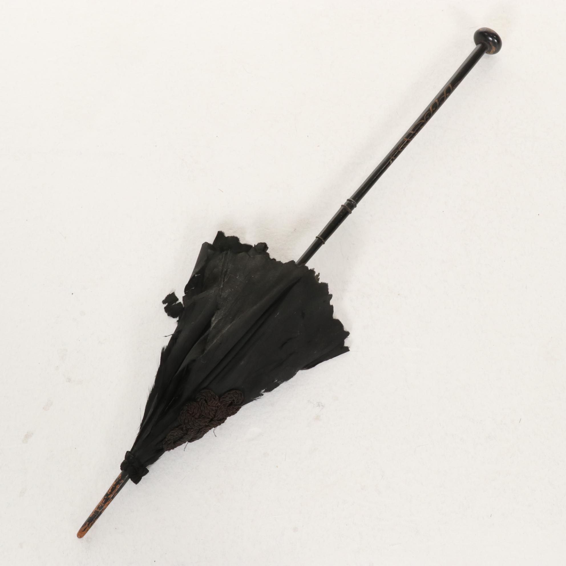 Victorian Iron Footstool With Needlepoint and 1860s Fashion Items and Parasol