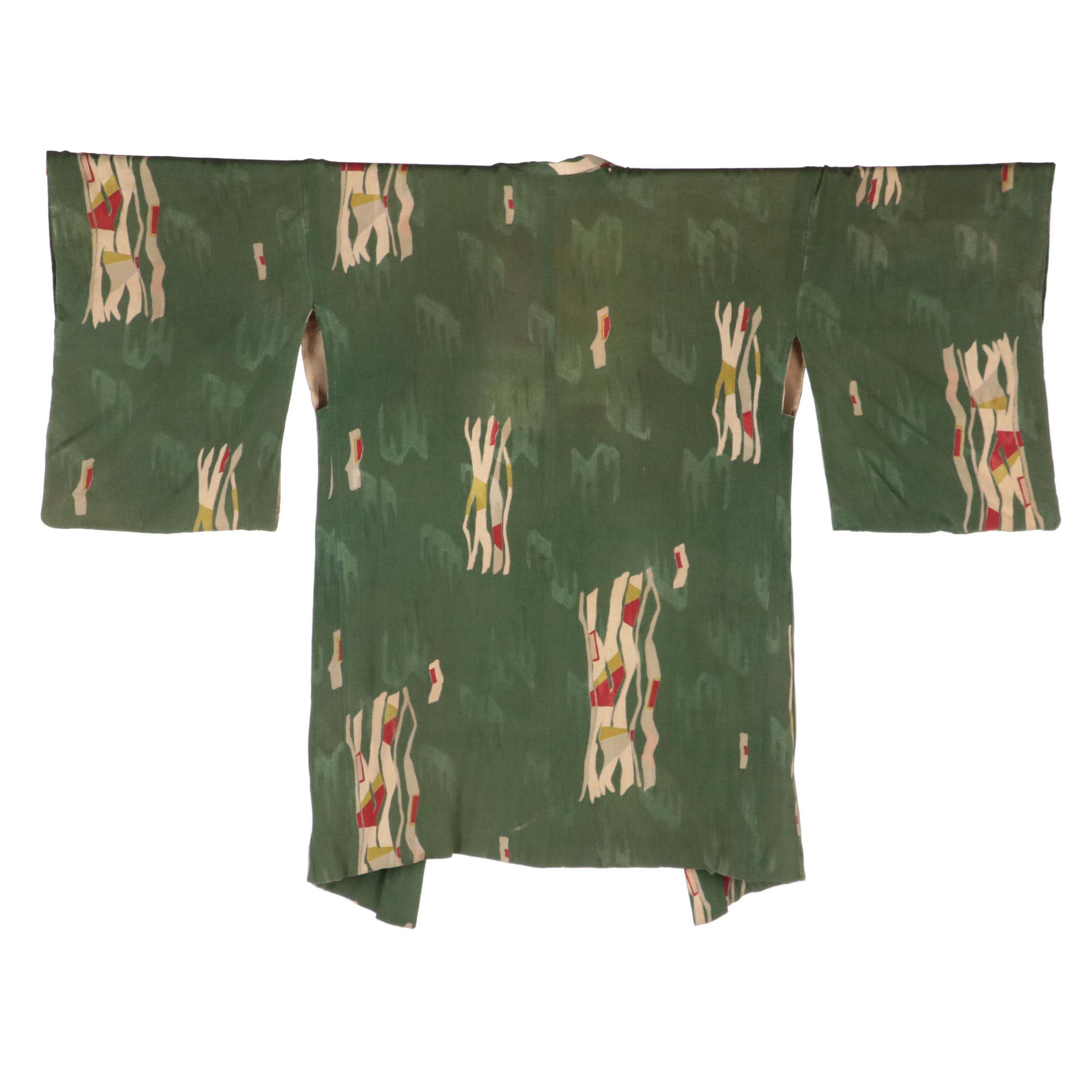 Green Haori Style Jacket in Abstract Print Silk Jacquard
