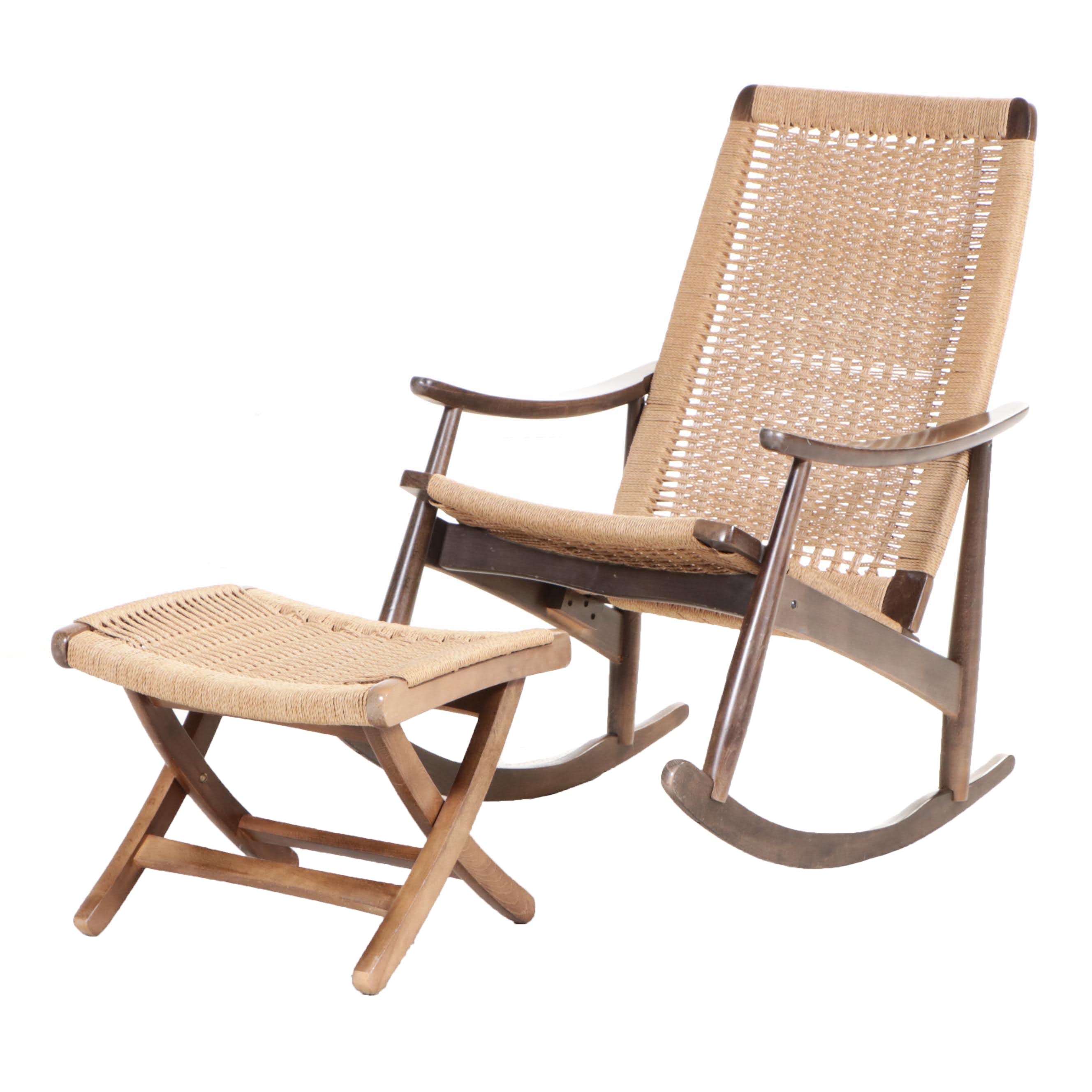 Mid Century Modern Beech & Woven Cord Rocker and Ottoman, Manner of Hans Wegner