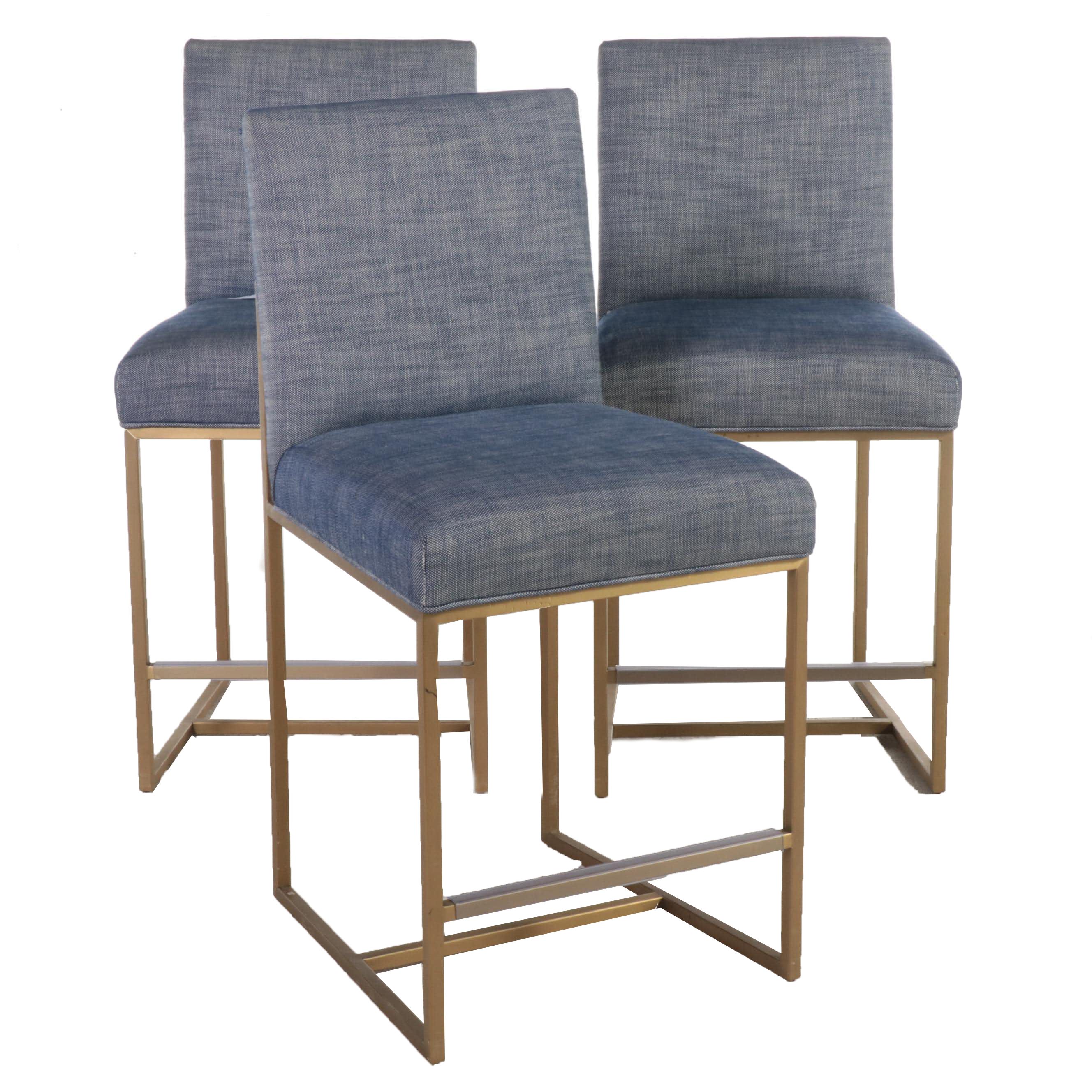 Three Restoration Hardware Brass-Patinated Metal and Linen Counter Stools