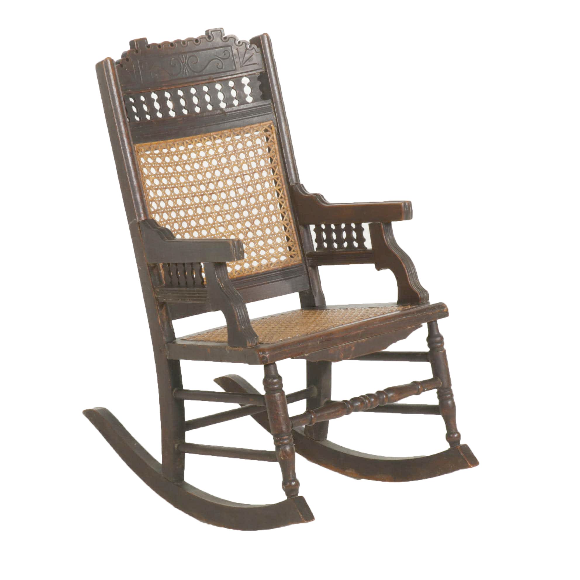 Victorian Child-Size Walnut Rocking Chair with Woven Cane Seating