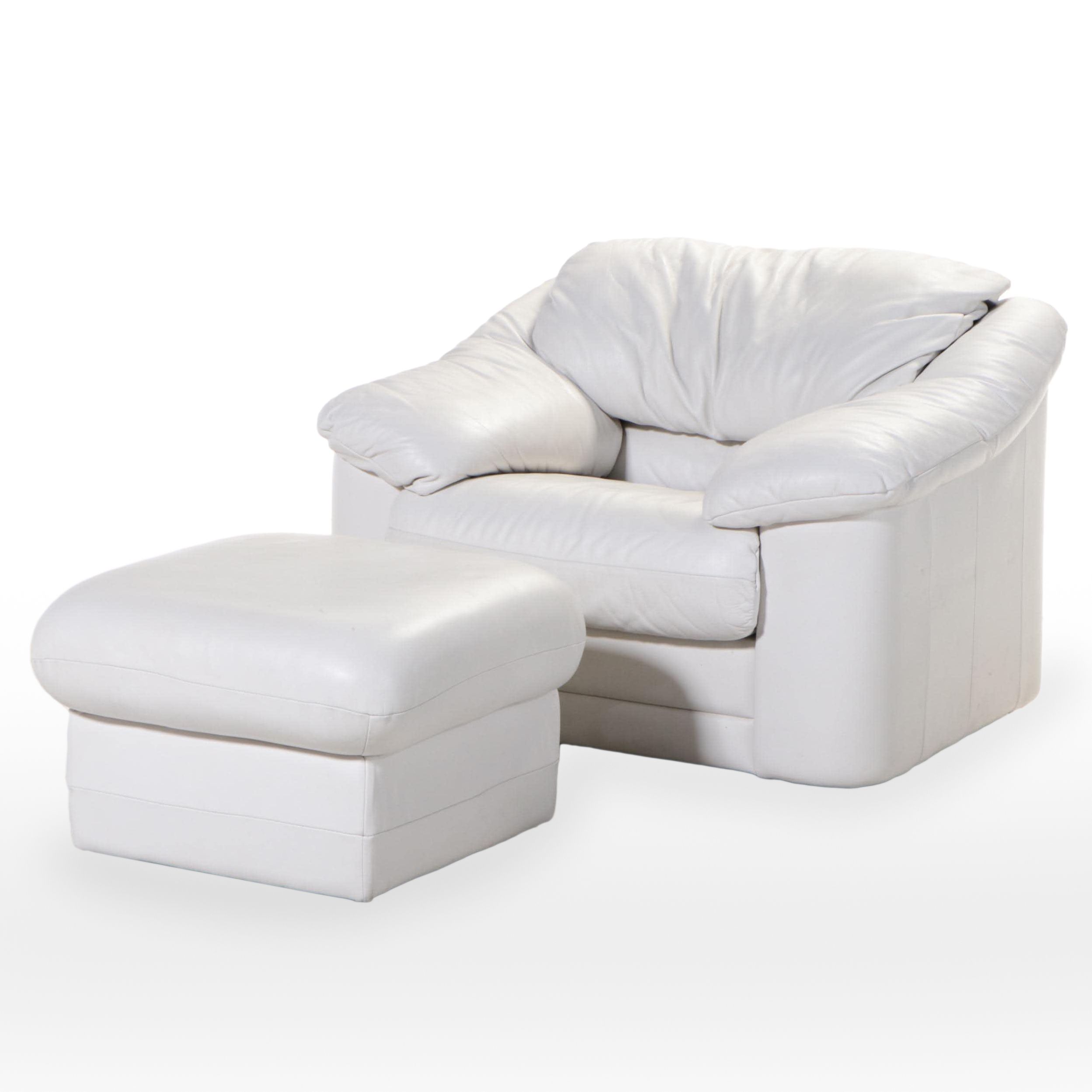 1/4 Italian White Leather Easy Armchair with Ottoman