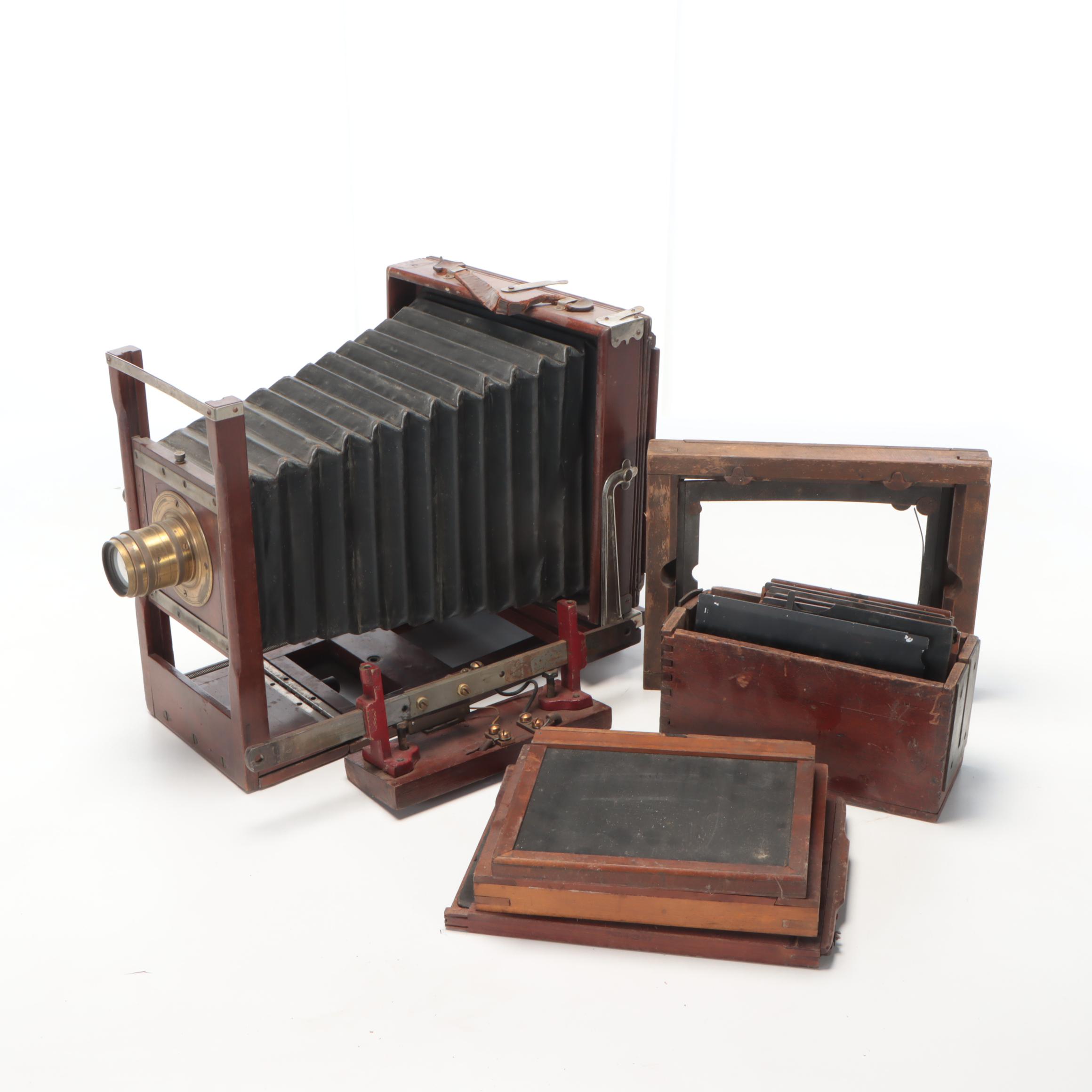 Large Format Antique Bellows Camera With Film Plates, Box and More
