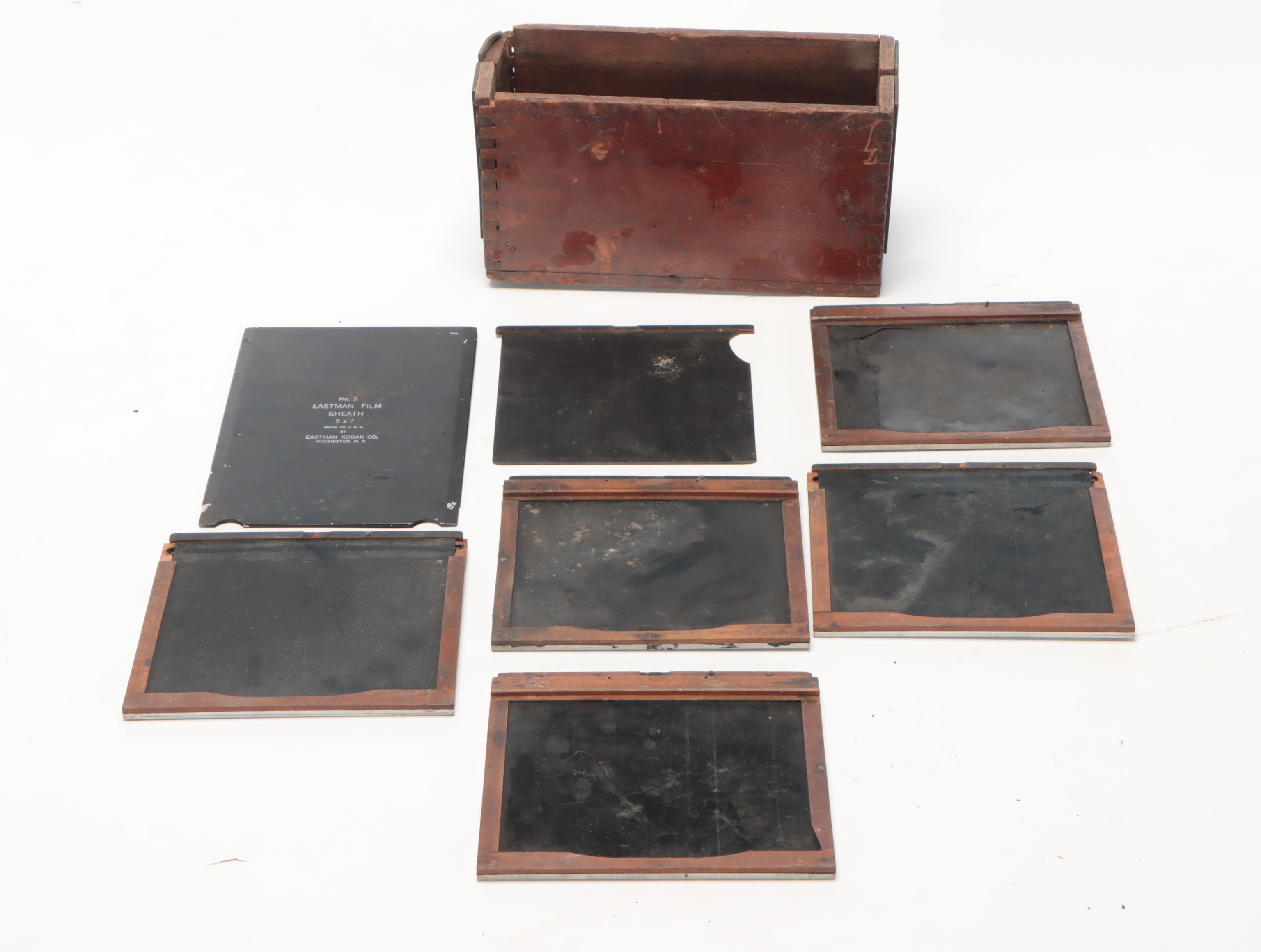 Large Format Antique Bellows Camera With Film Plates, Box and More