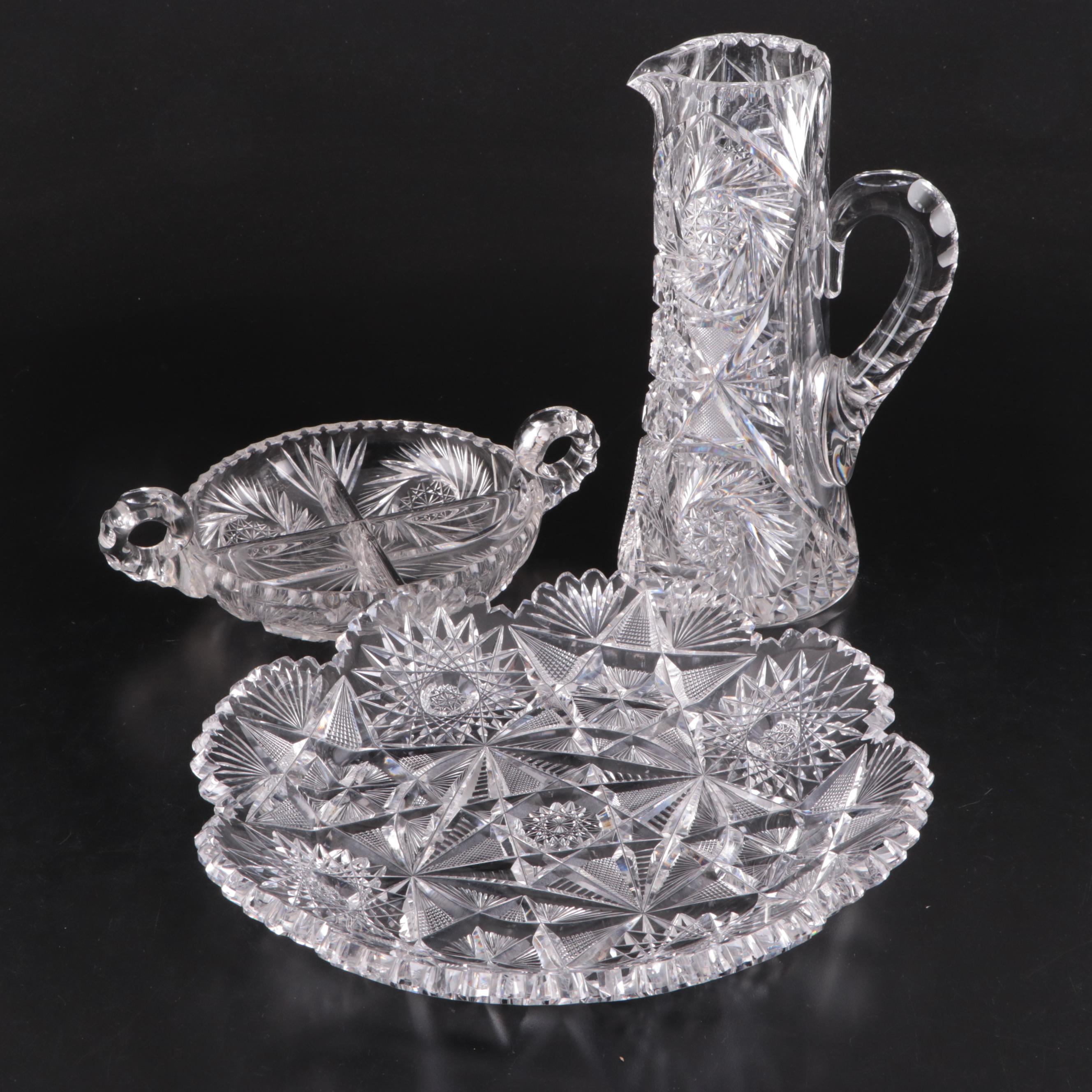 American Brilliant Period Cut Glass Pitcher, Dish and Divided Dish