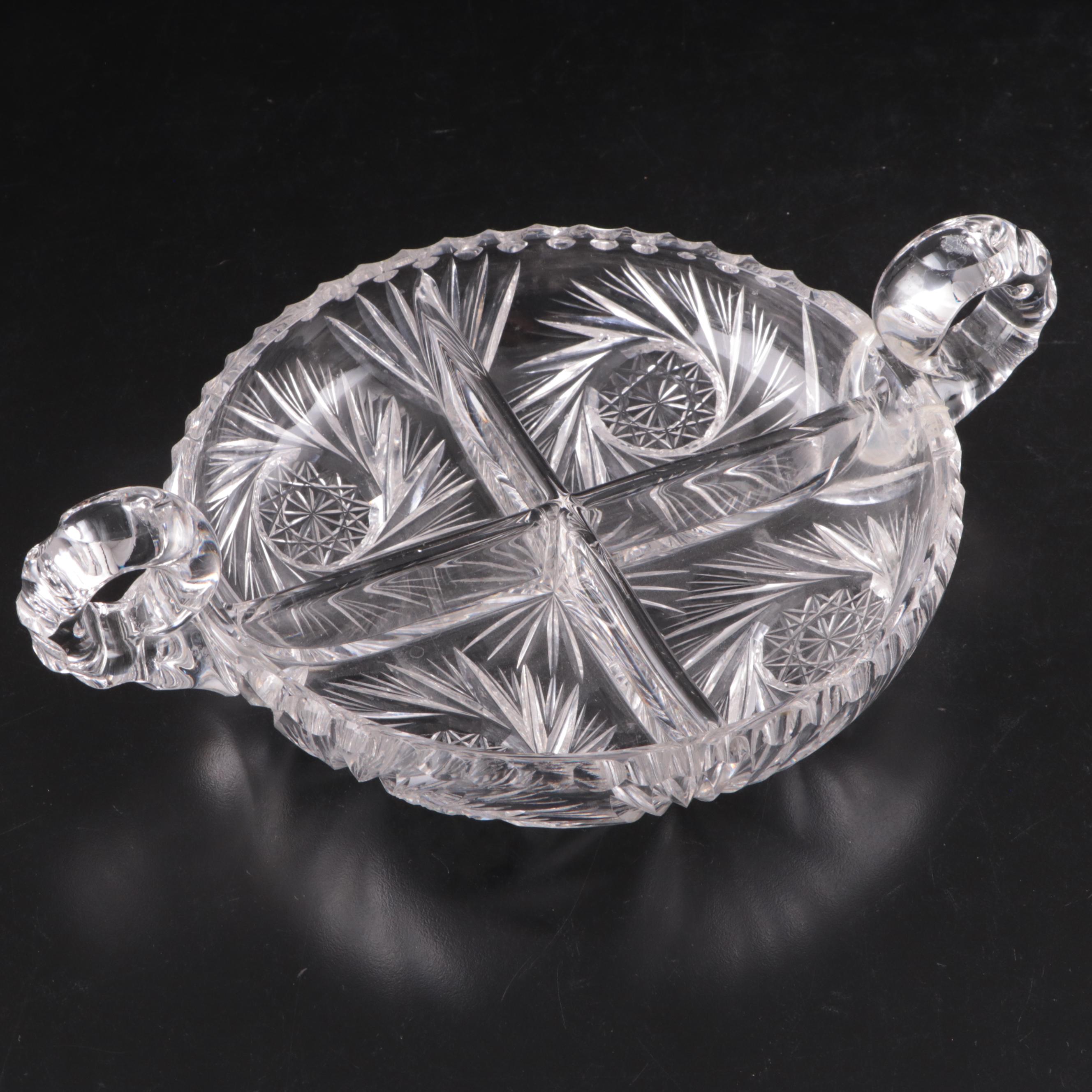 American Brilliant Period Cut Glass Pitcher, Dish and Divided Dish