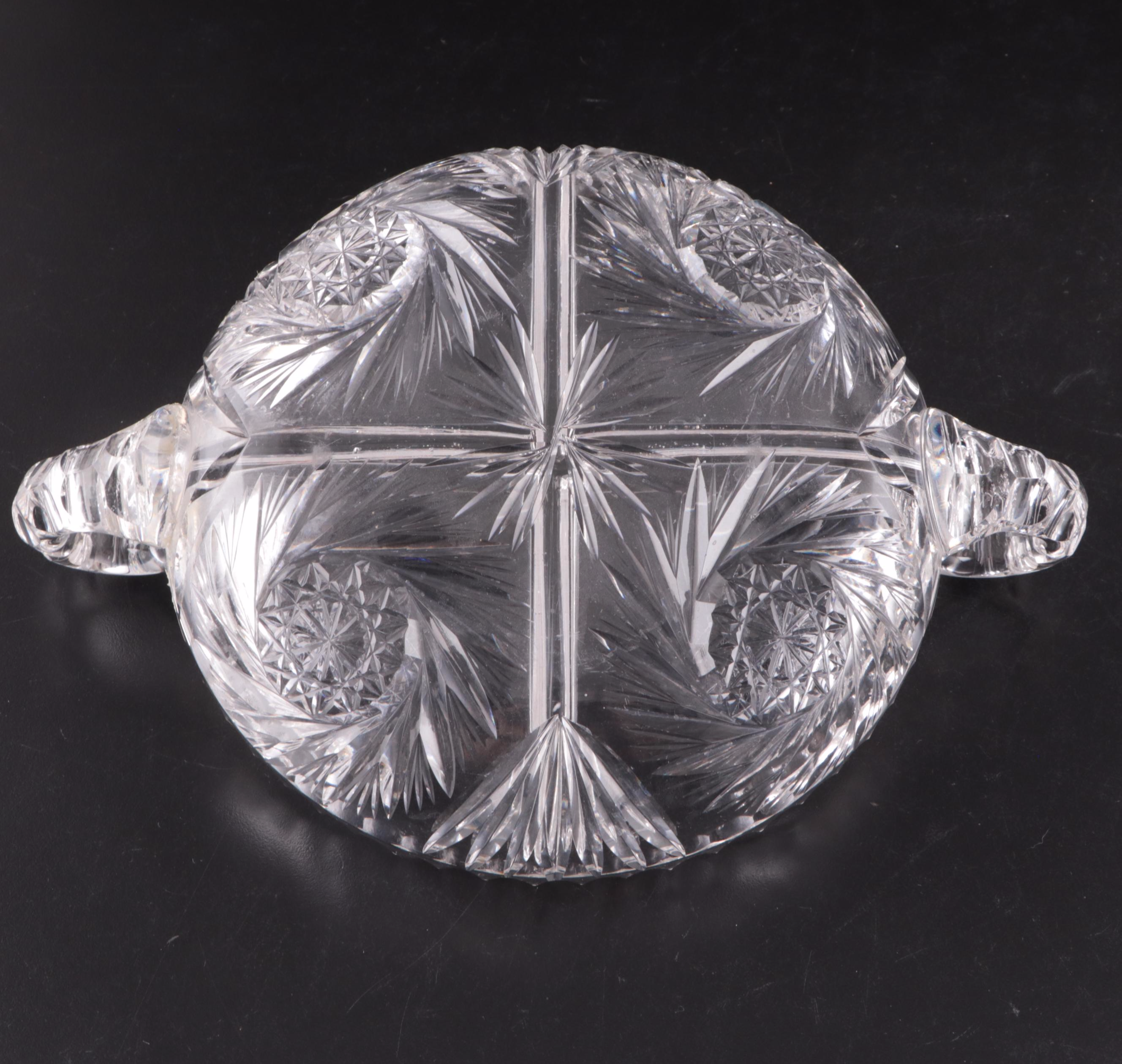 American Brilliant Period Cut Glass Pitcher, Dish and Divided Dish