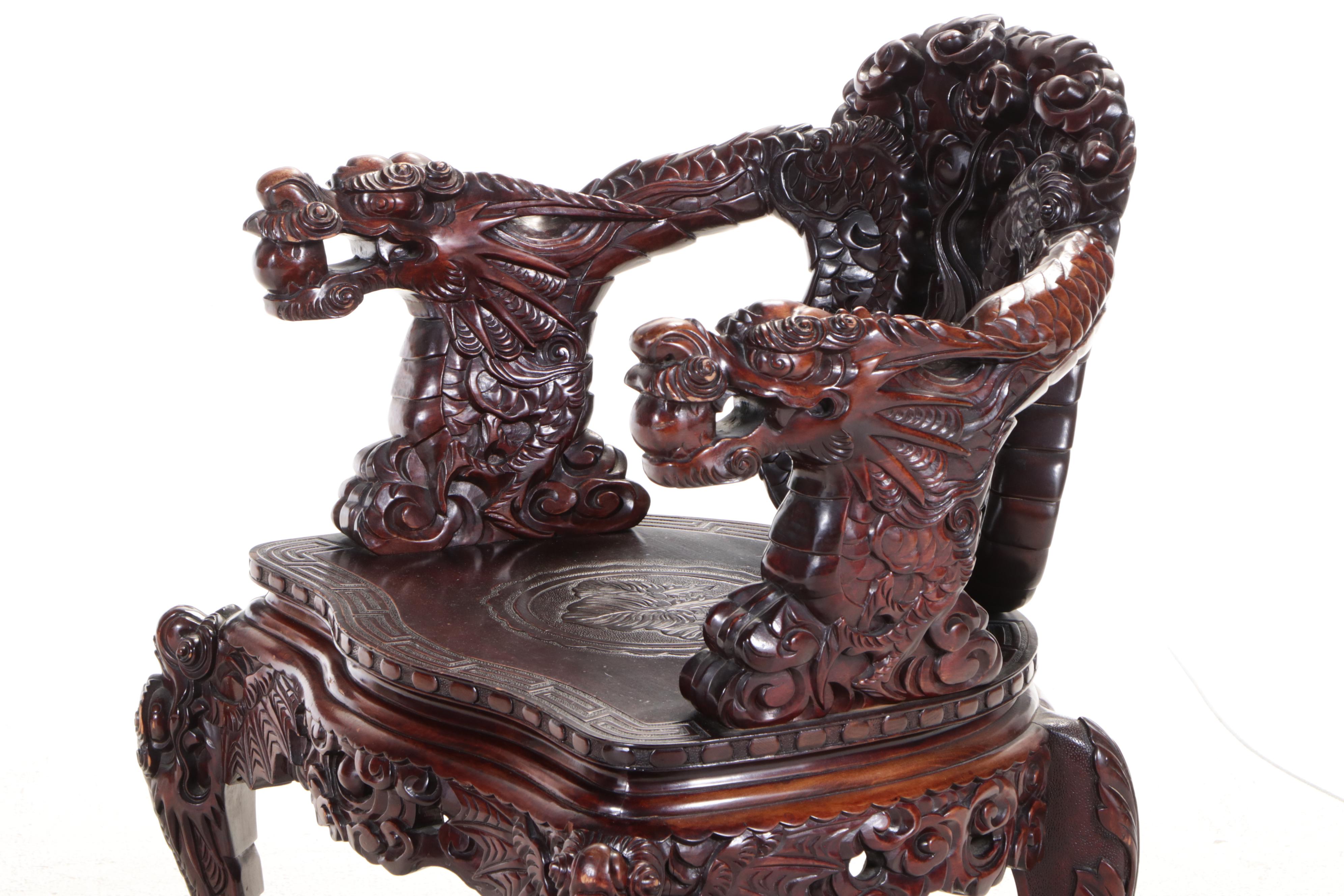 Chinese Carved Hardwood Dragon Throne Chair