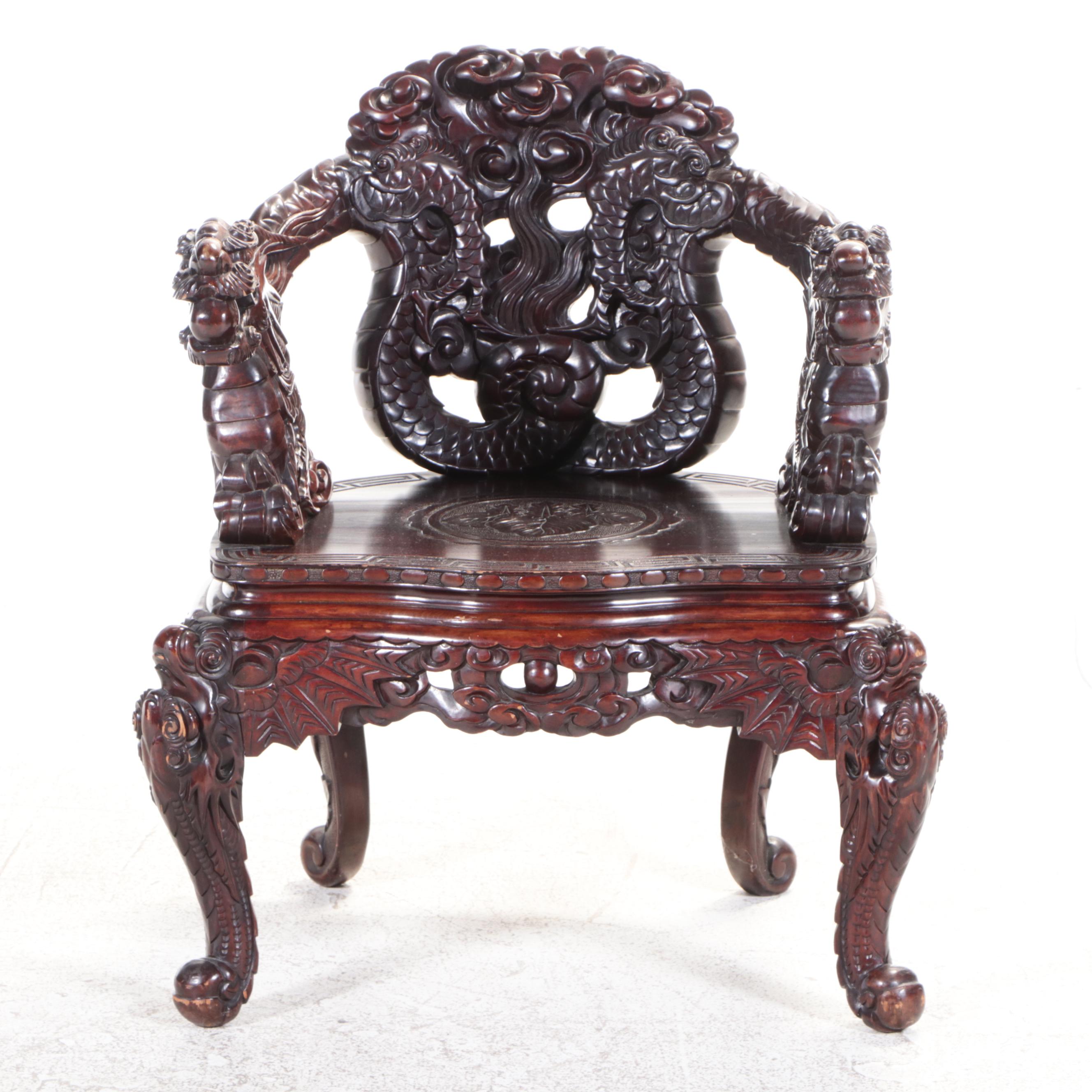 Chinese Carved Hardwood Dragon Throne Chair