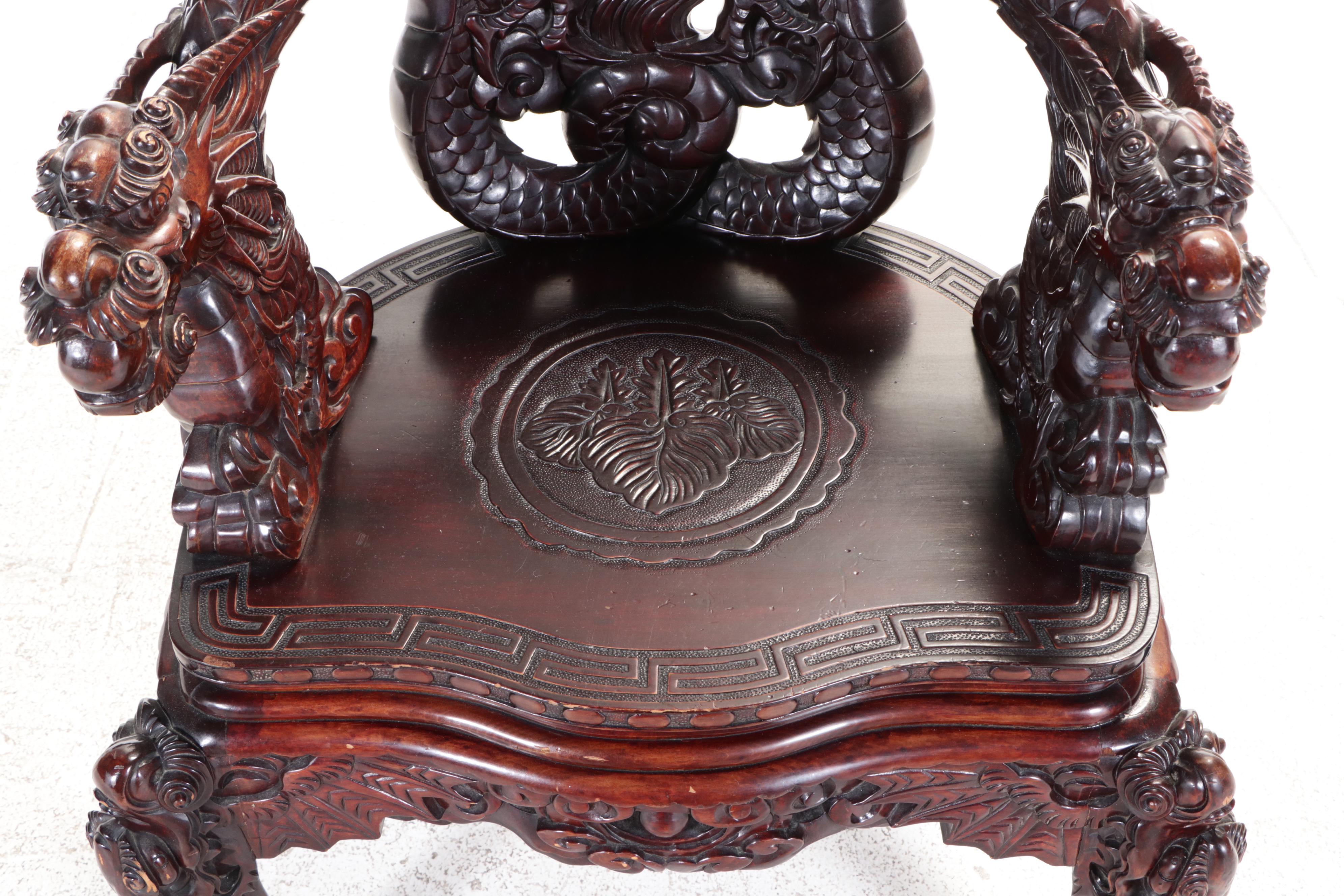 Chinese Carved Hardwood Dragon Throne Chair