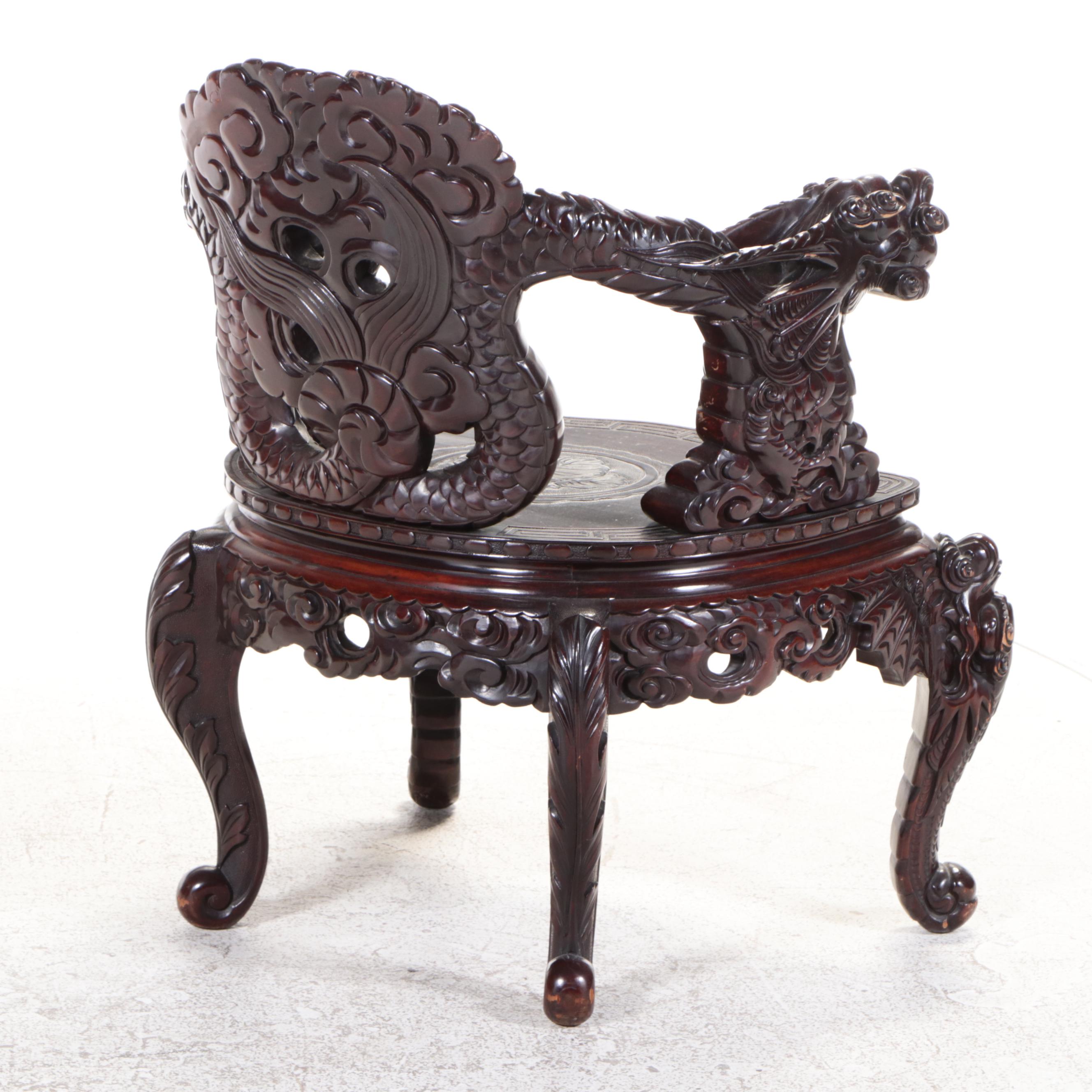 Chinese Carved Hardwood Dragon Throne Chair