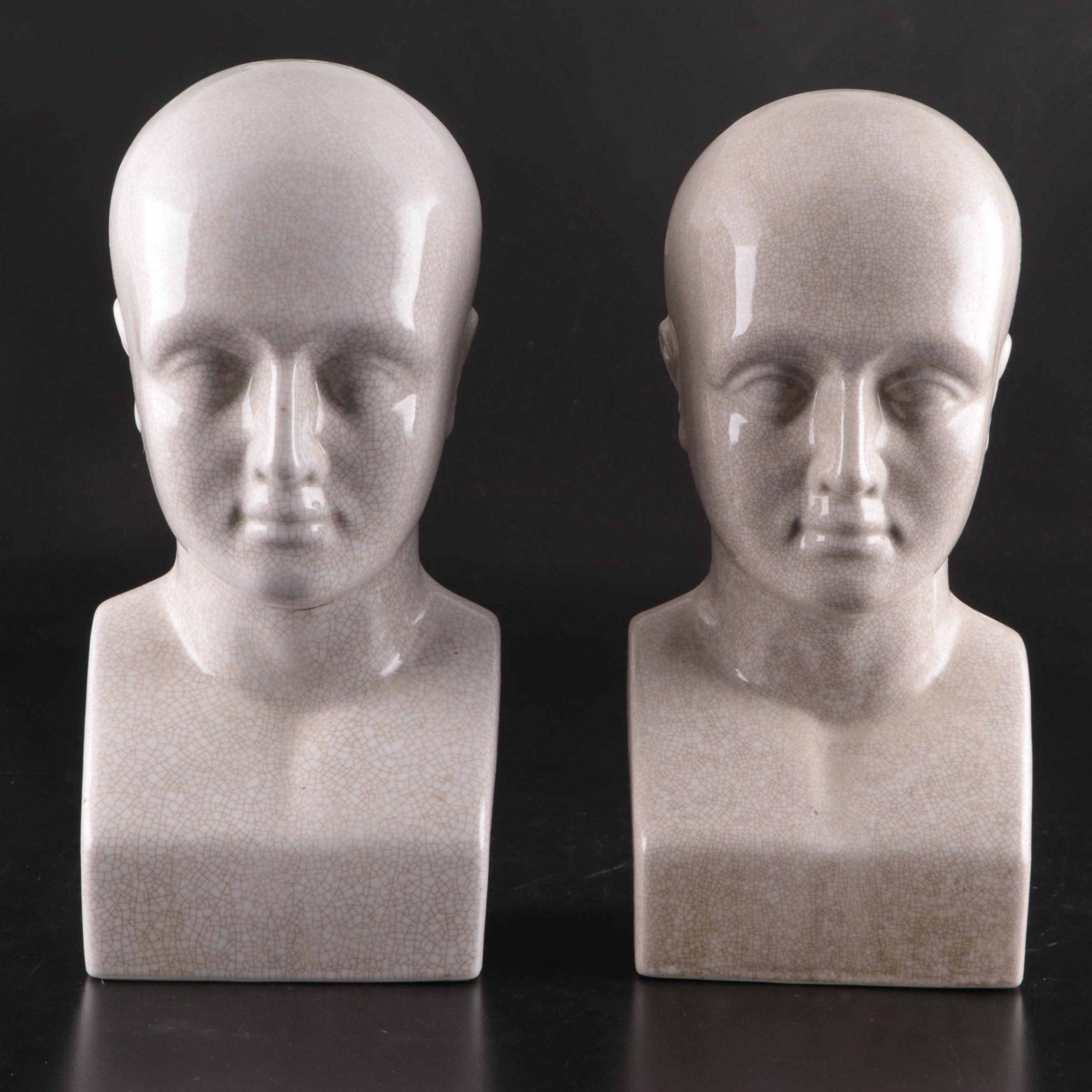Phrenology Head Ceramic Bookends with Crackle Finish EBTH