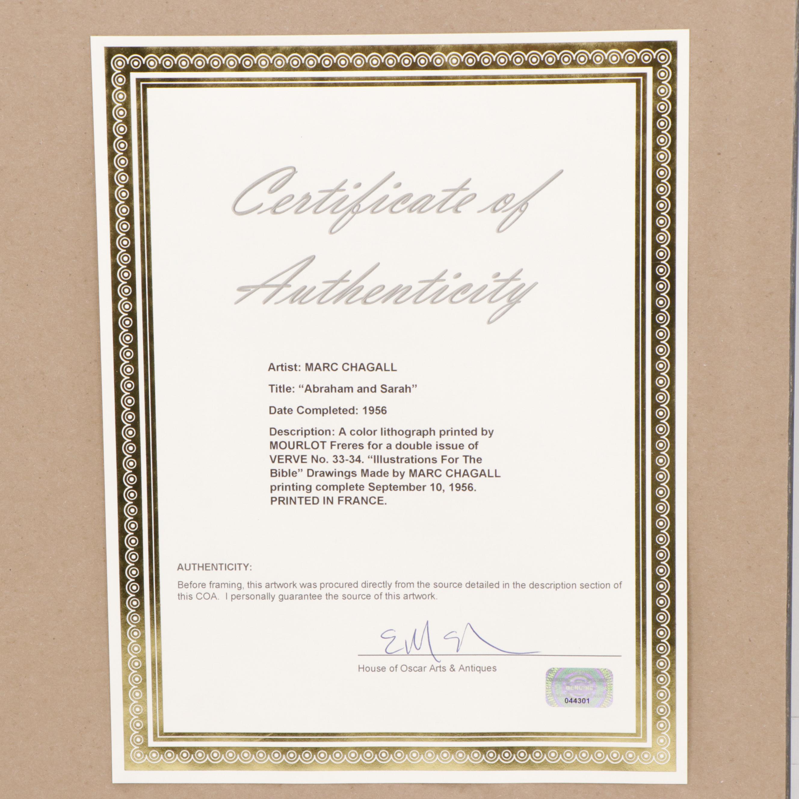 Marc Chagall Color Lithograph "Abraham and Sarah," 1956