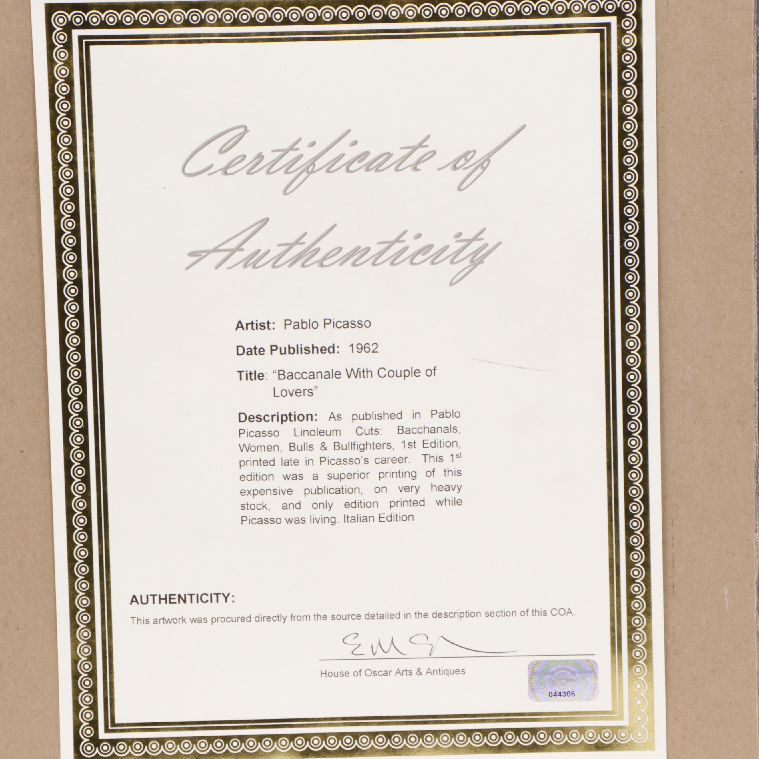 Pablo Picasso Linocut "Bacchanal with Couple of Lovers," 1962