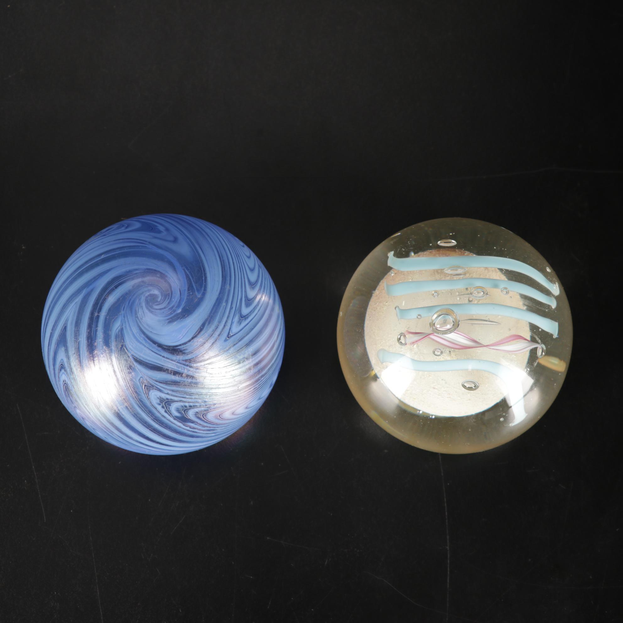 Trio of Signed Art Glass Paperweights, Glass Display Shelf and Silvestri Trees