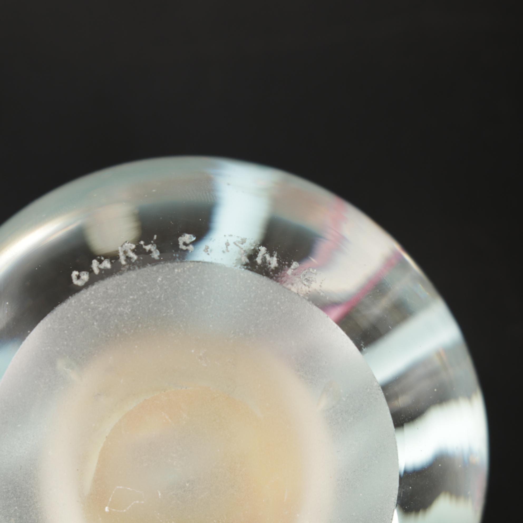 Trio of Signed Art Glass Paperweights, Glass Display Shelf and Silvestri Trees