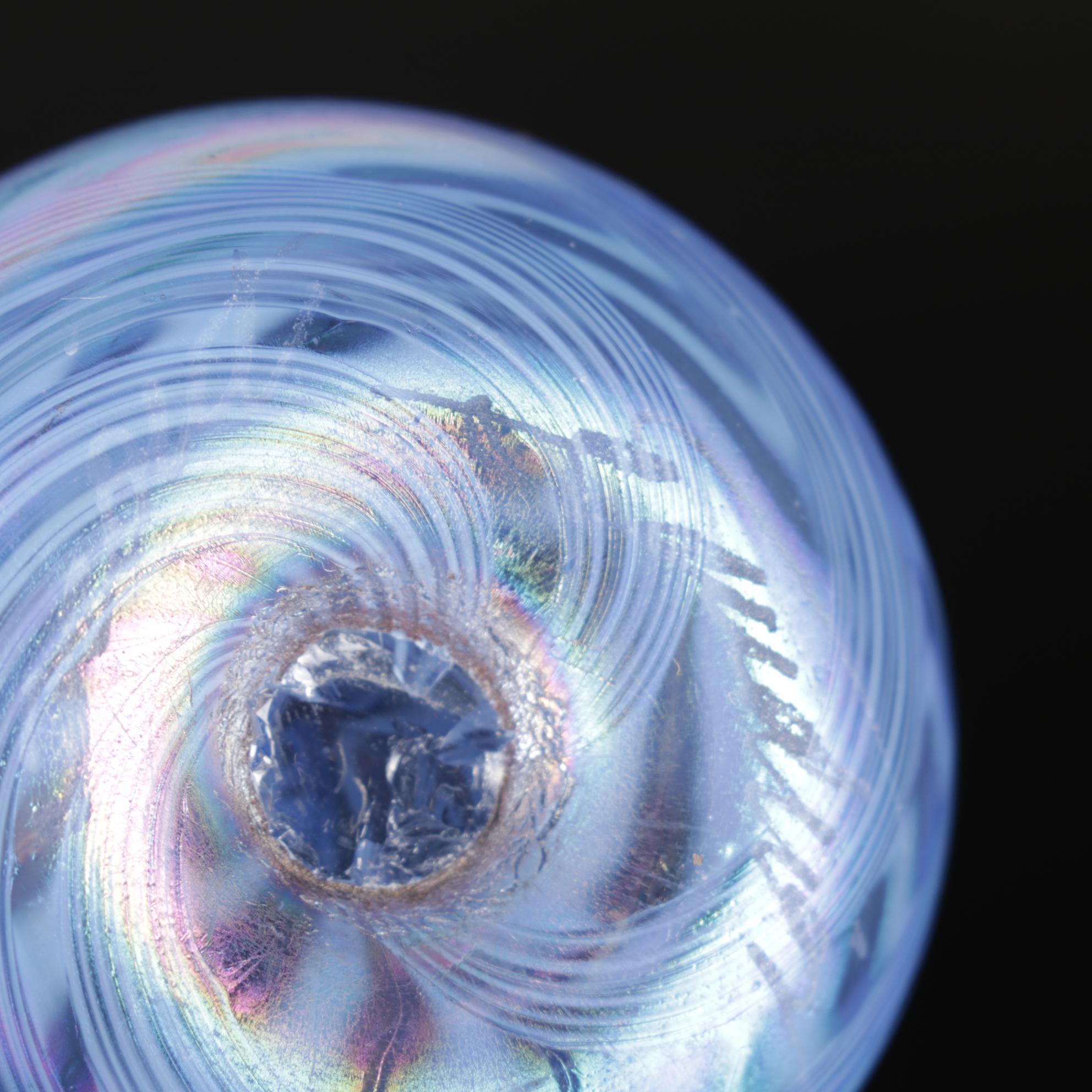 Trio of Signed Art Glass Paperweights, Glass Display Shelf and Silvestri Trees