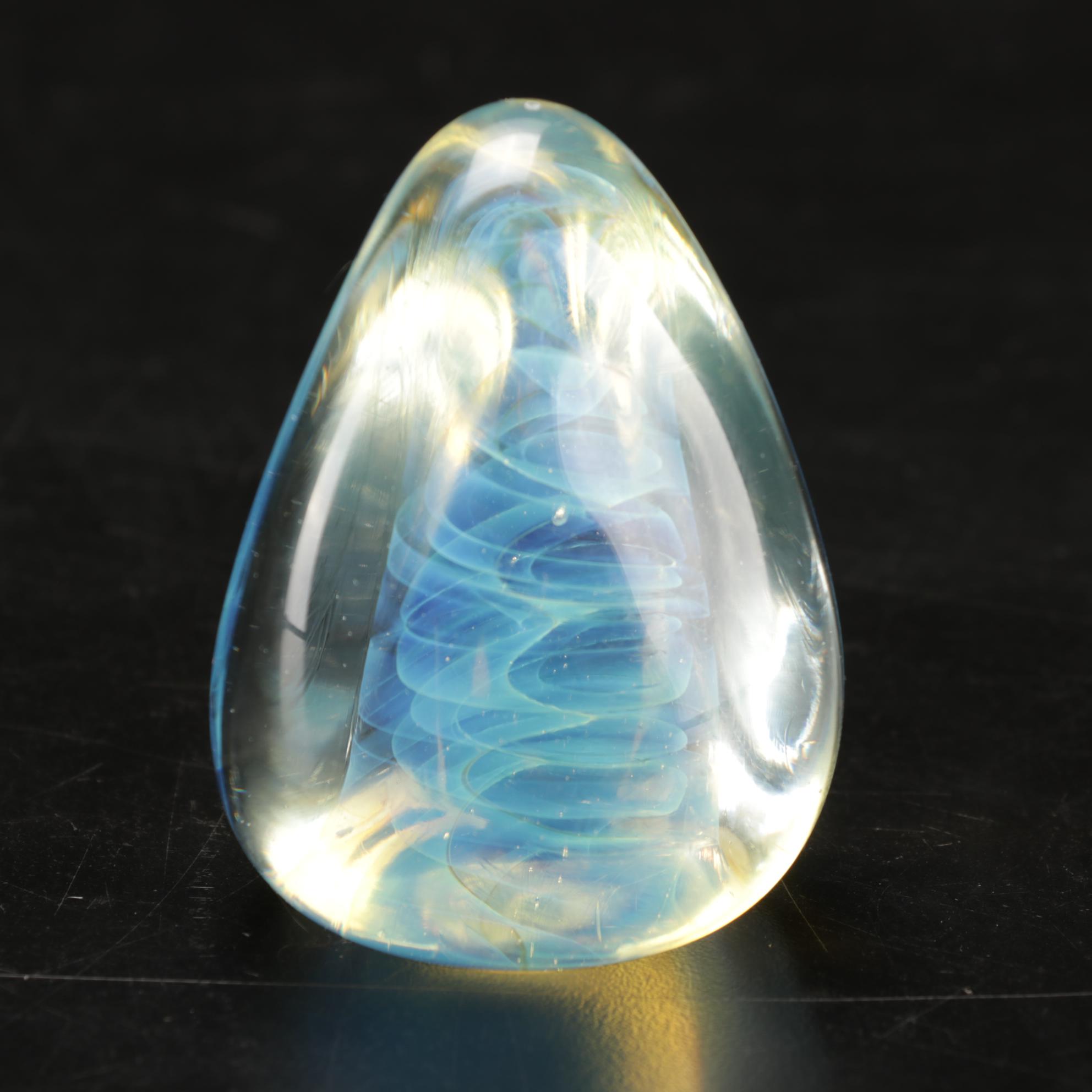 Trio of Signed Art Glass Paperweights, Glass Display Shelf and Silvestri Trees