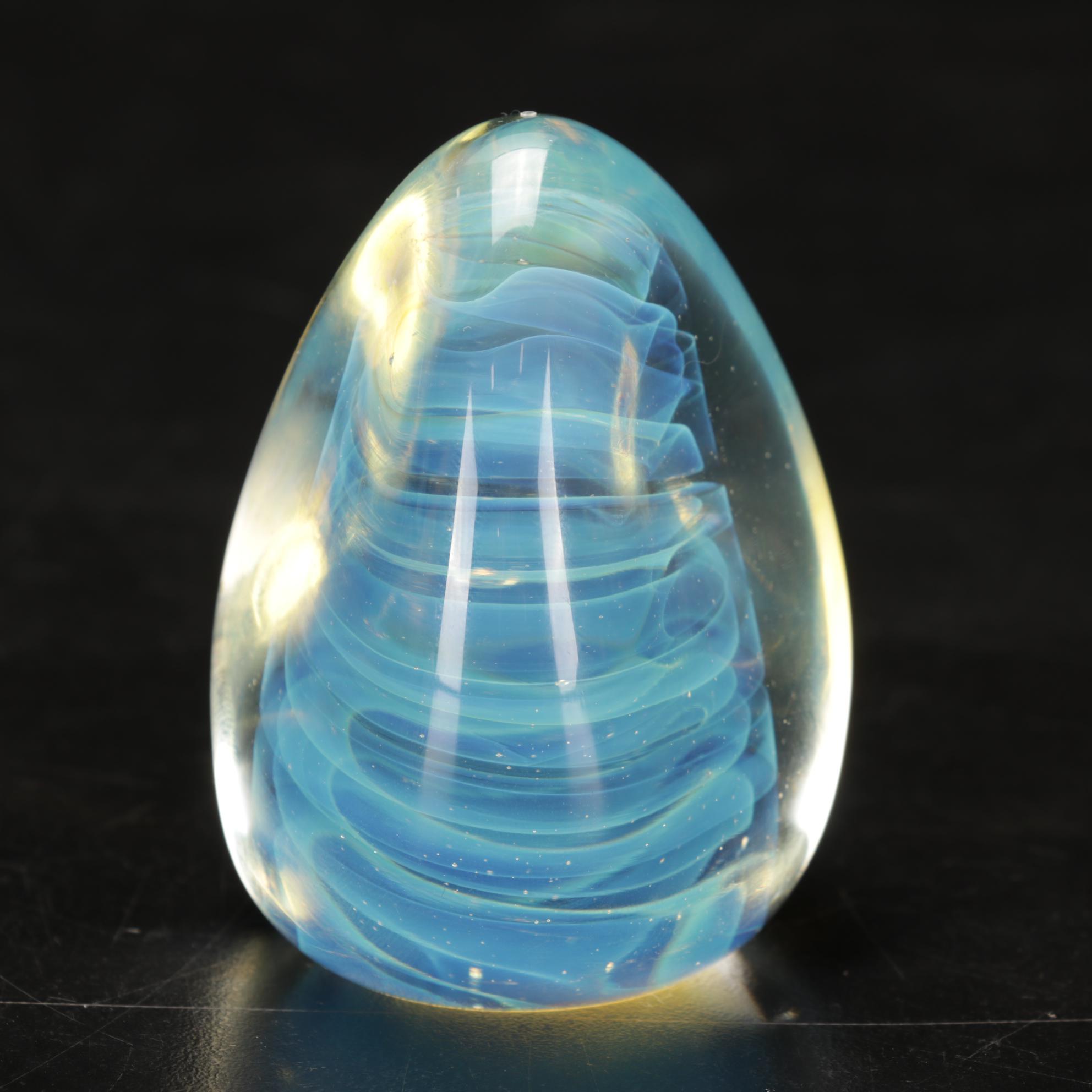 Trio of Signed Art Glass Paperweights, Glass Display Shelf and Silvestri Trees