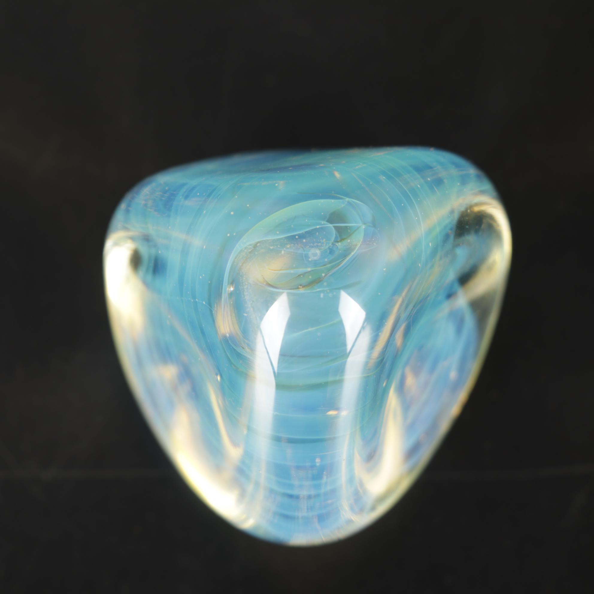 Trio of Signed Art Glass Paperweights, Glass Display Shelf and Silvestri Trees