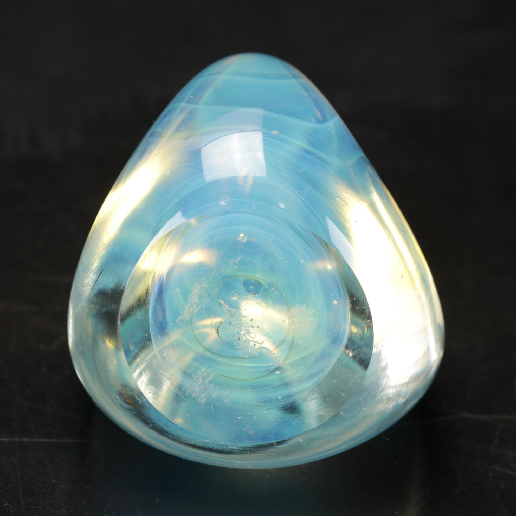 Trio of Signed Art Glass Paperweights, Glass Display Shelf and Silvestri Trees