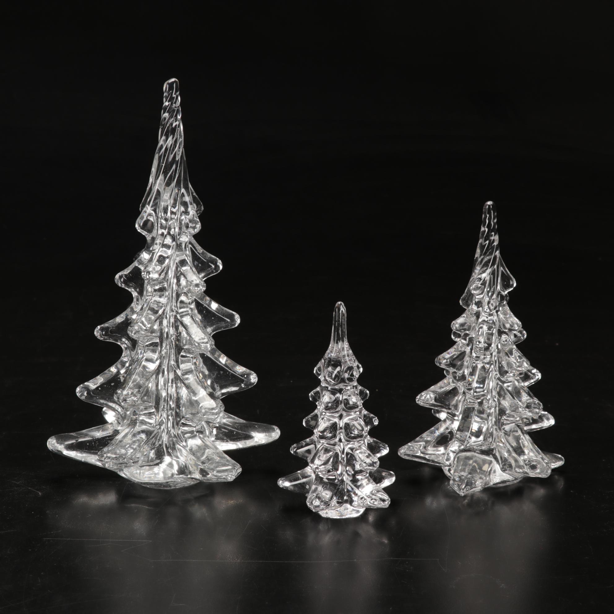 Trio of Signed Art Glass Paperweights, Glass Display Shelf and Silvestri Trees