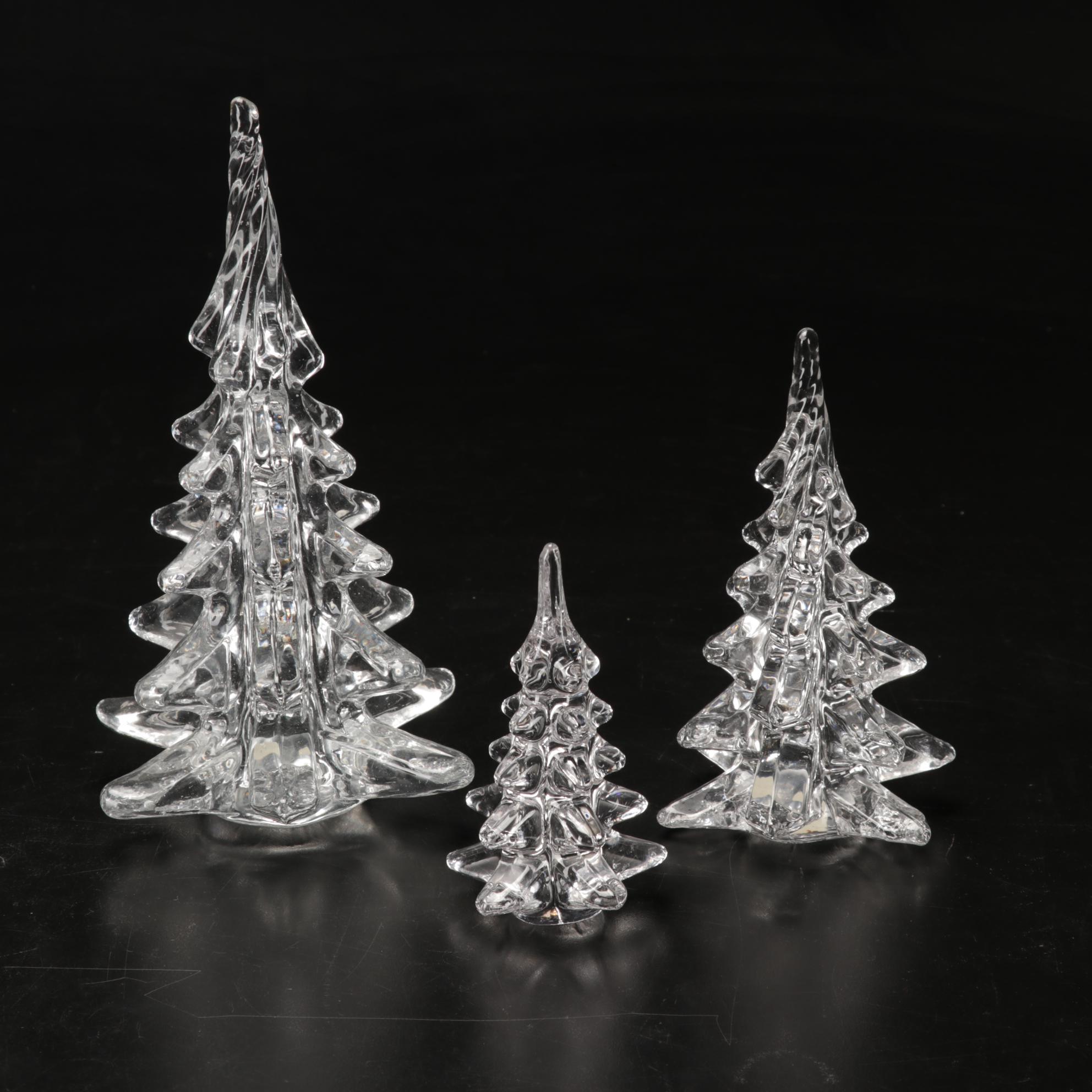 Trio of Signed Art Glass Paperweights, Glass Display Shelf and Silvestri Trees