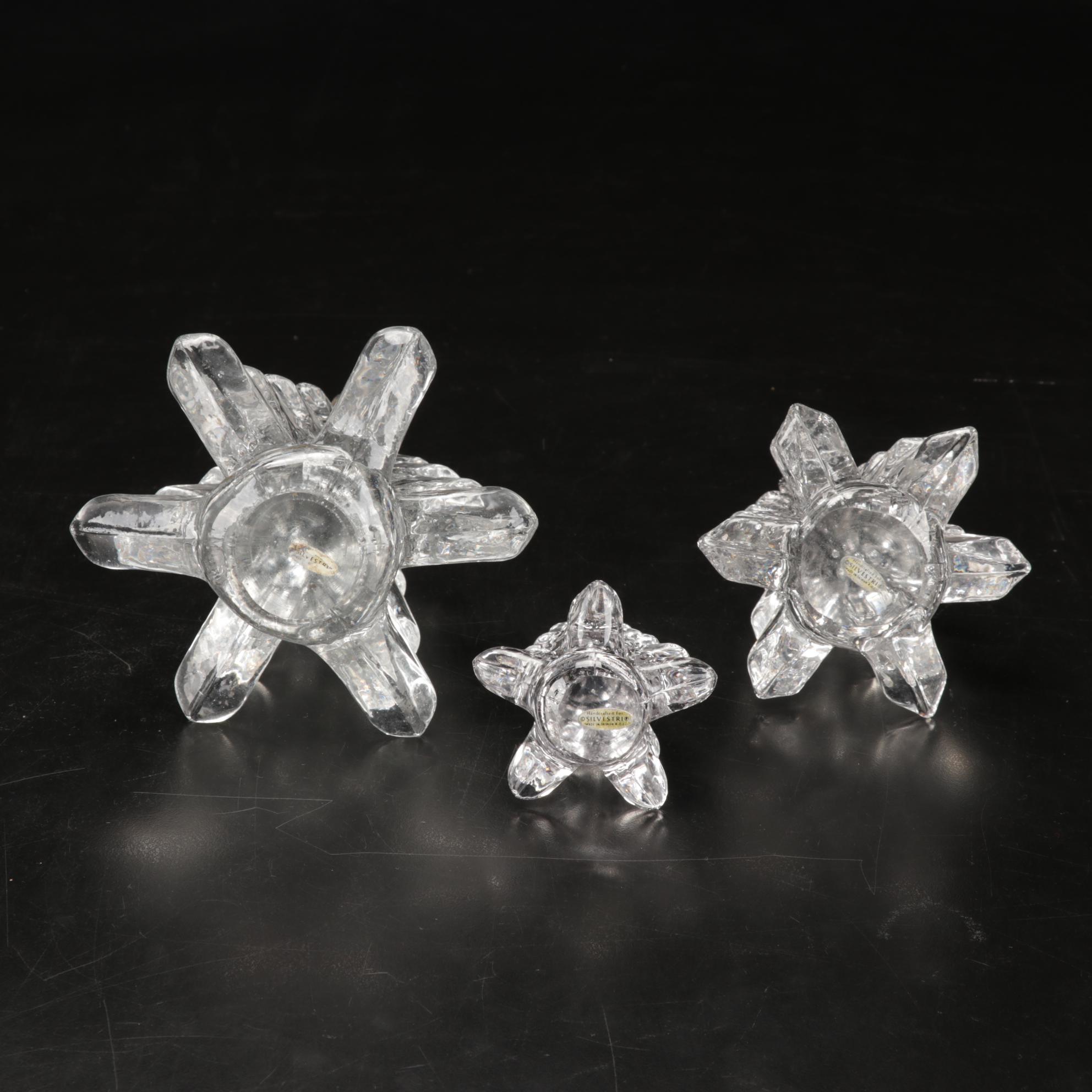 Trio of Signed Art Glass Paperweights, Glass Display Shelf and Silvestri Trees