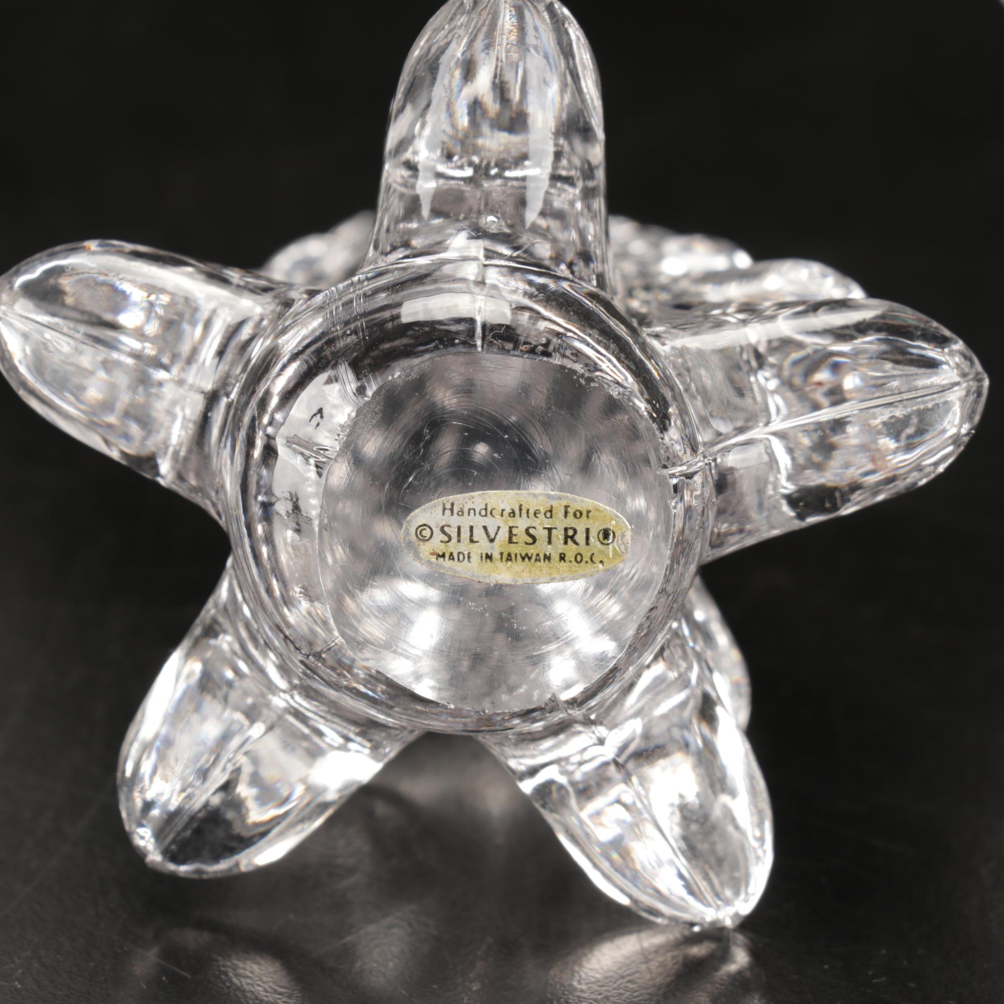 Trio of Signed Art Glass Paperweights, Glass Display Shelf and Silvestri Trees