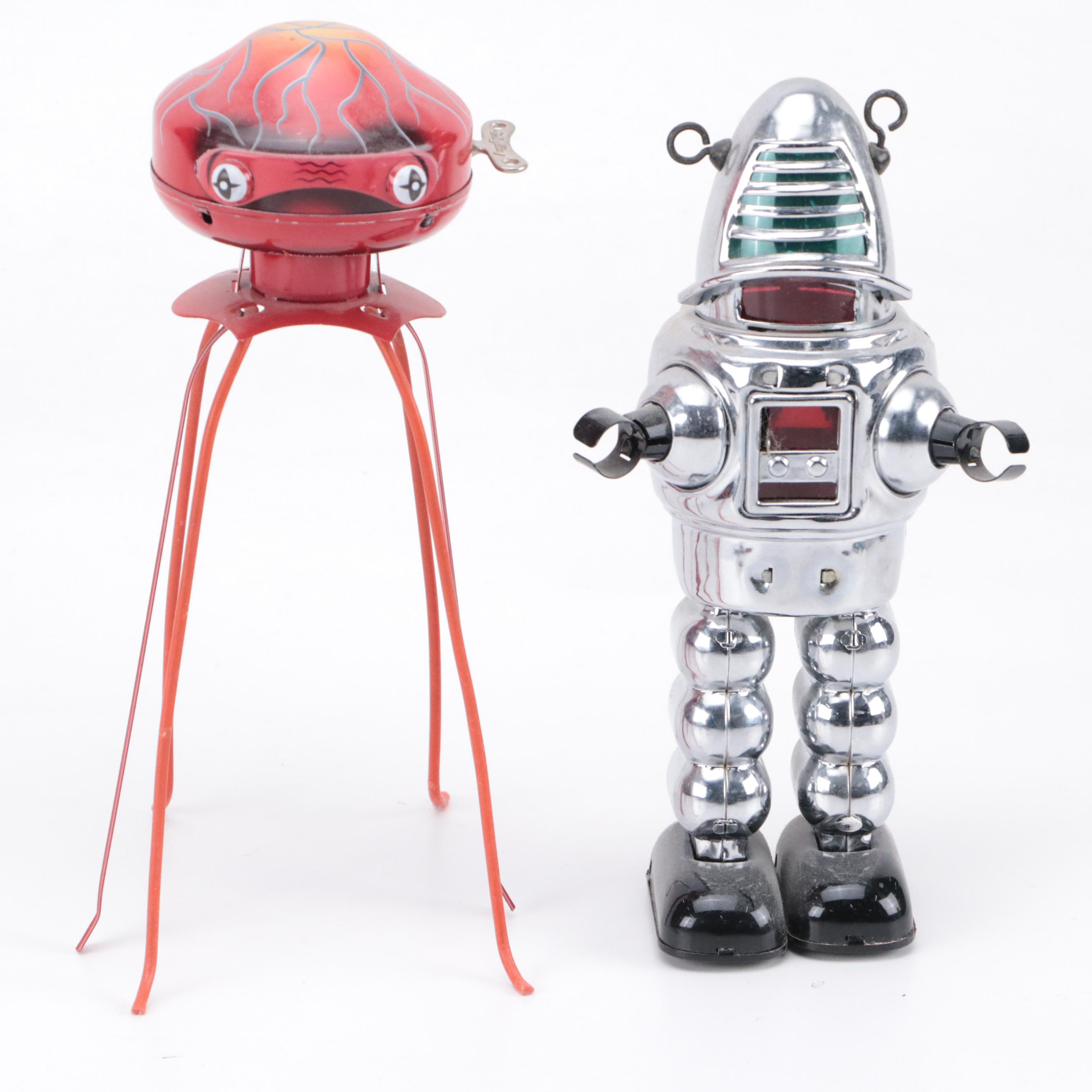 Wind-Up Tin Lithograph Toy Robots with Alien Walker, Late 20th/ Early 21st C.