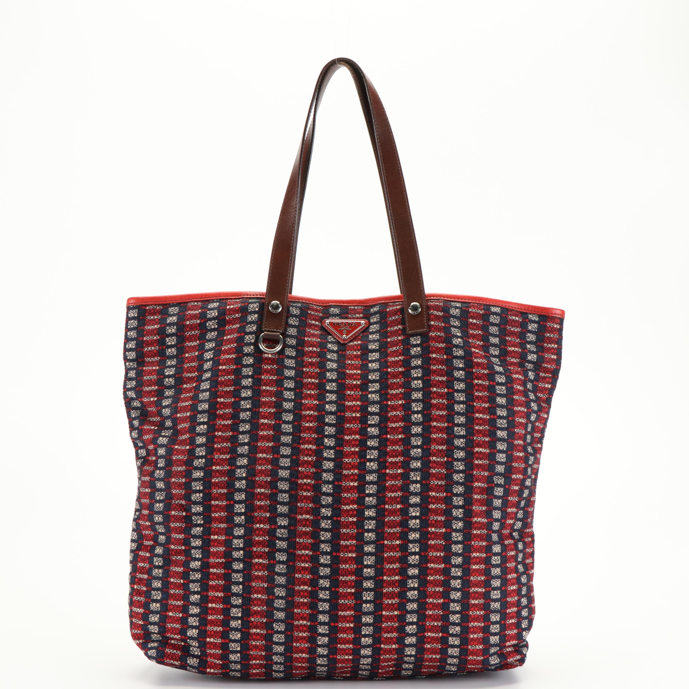 Prada Enameled Logo Red and Blue Fabric Leather  Tote Bag