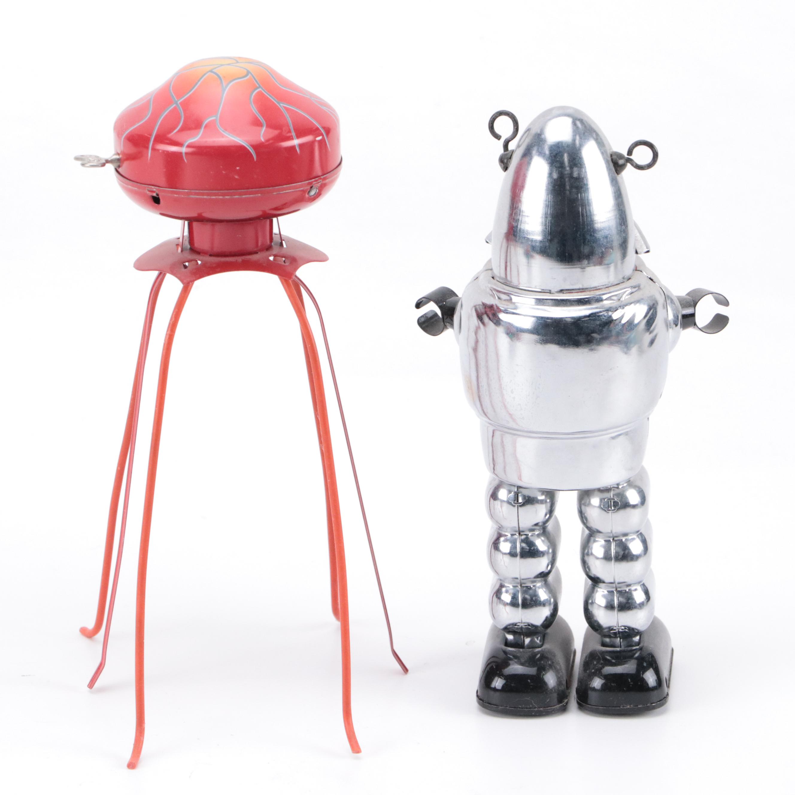 Wind-Up Tin Lithograph Toy Robots with Alien Walker, Late 20th/ Early 21st C.