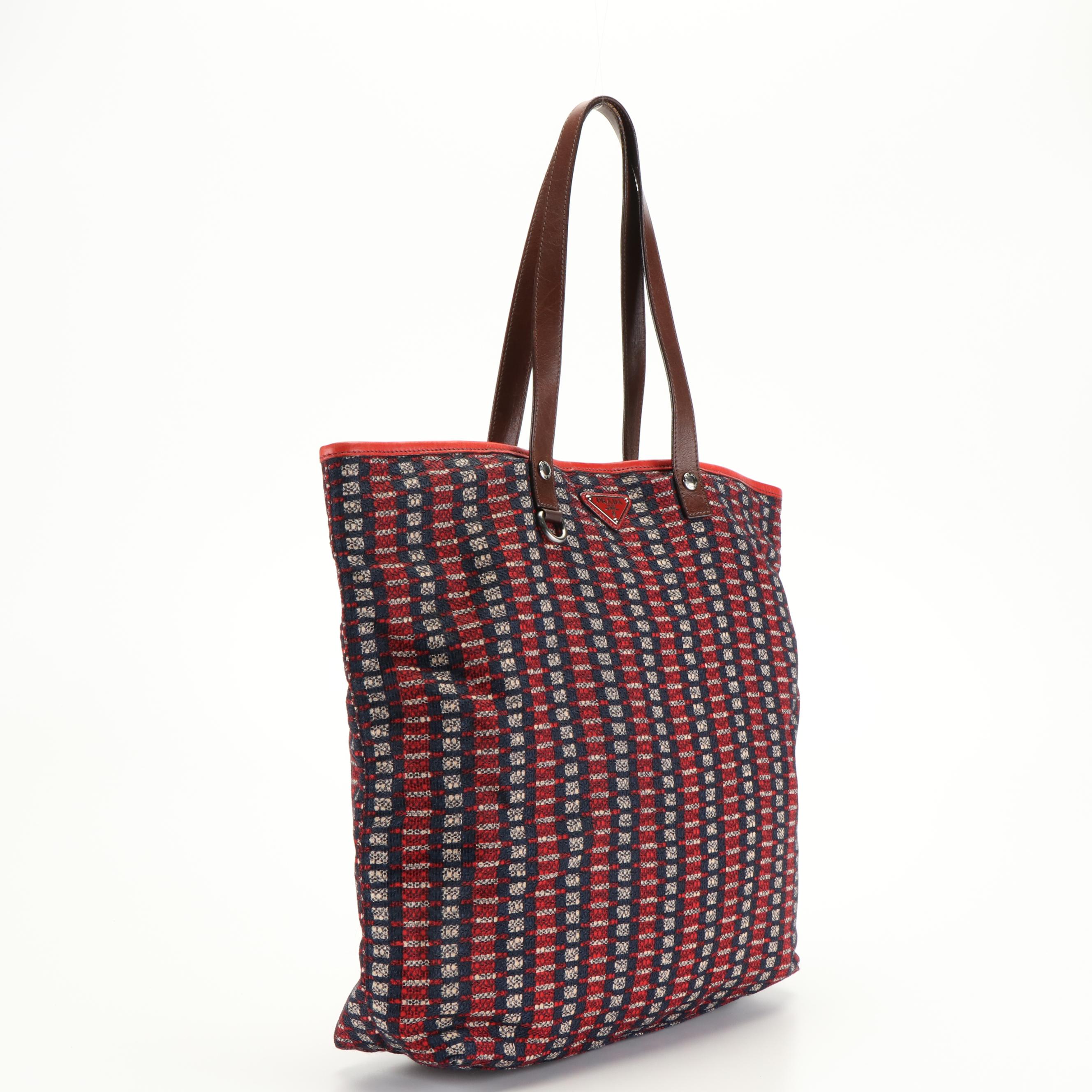 Prada Enameled Logo Red and Blue Fabric Leather  Tote Bag
