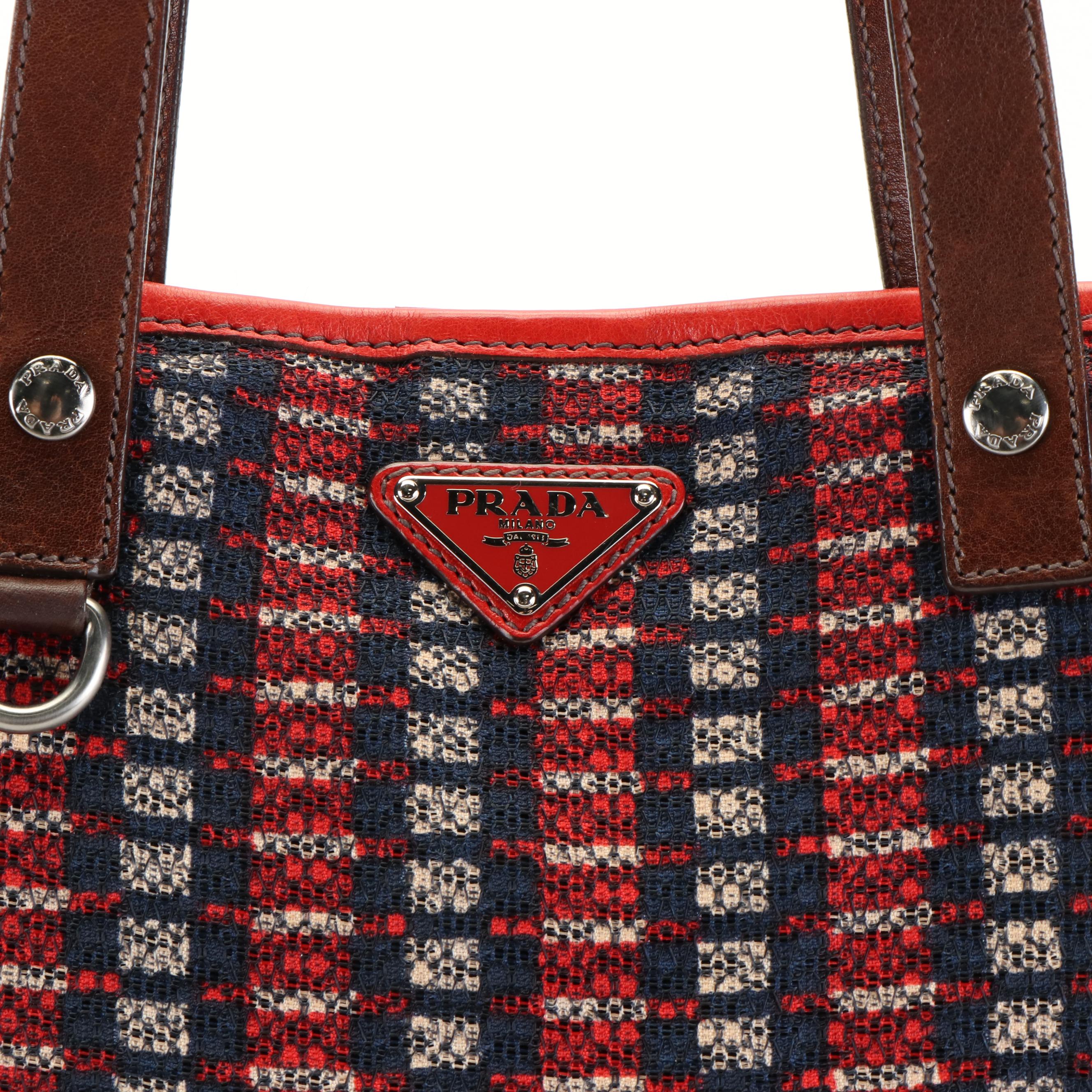 Prada Enameled Logo Red and Blue Fabric Leather  Tote Bag