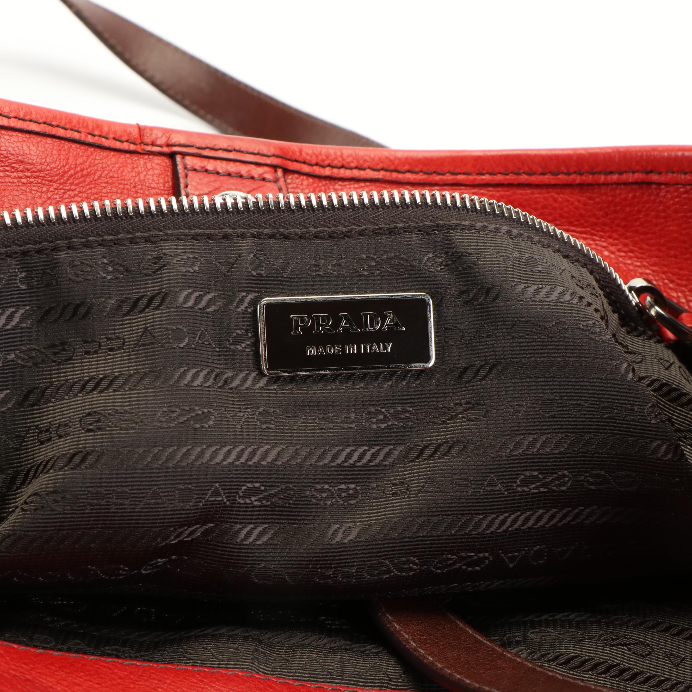 Prada Enameled Logo Red and Blue Fabric Leather  Tote Bag