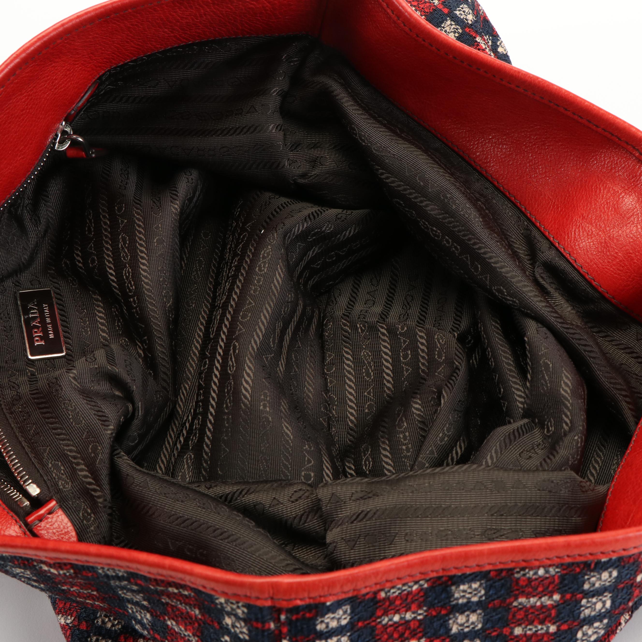 Prada Enameled Logo Red and Blue Fabric Leather  Tote Bag