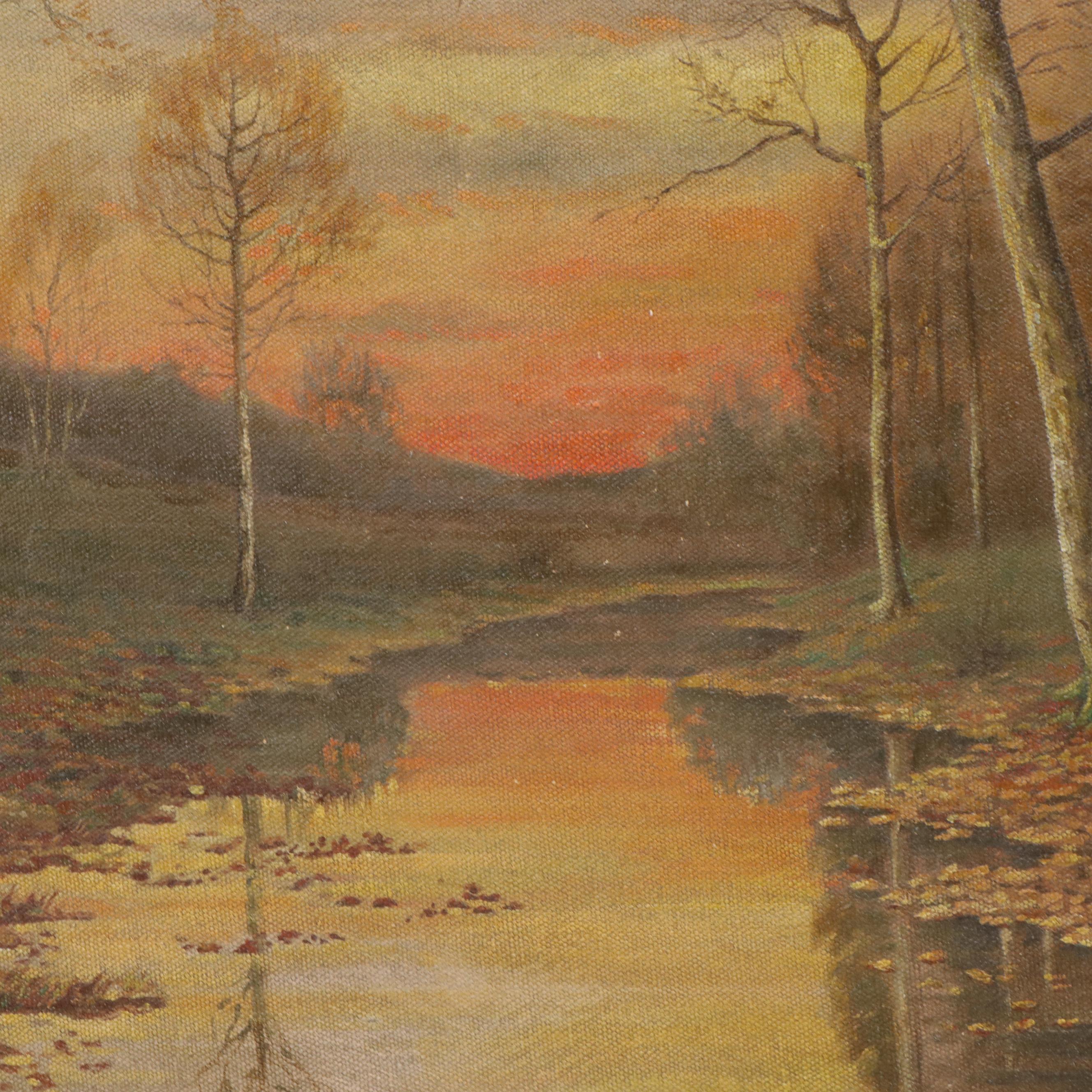 American School Late Autumn Woodland Landscape Oil Painting, Circa 1900