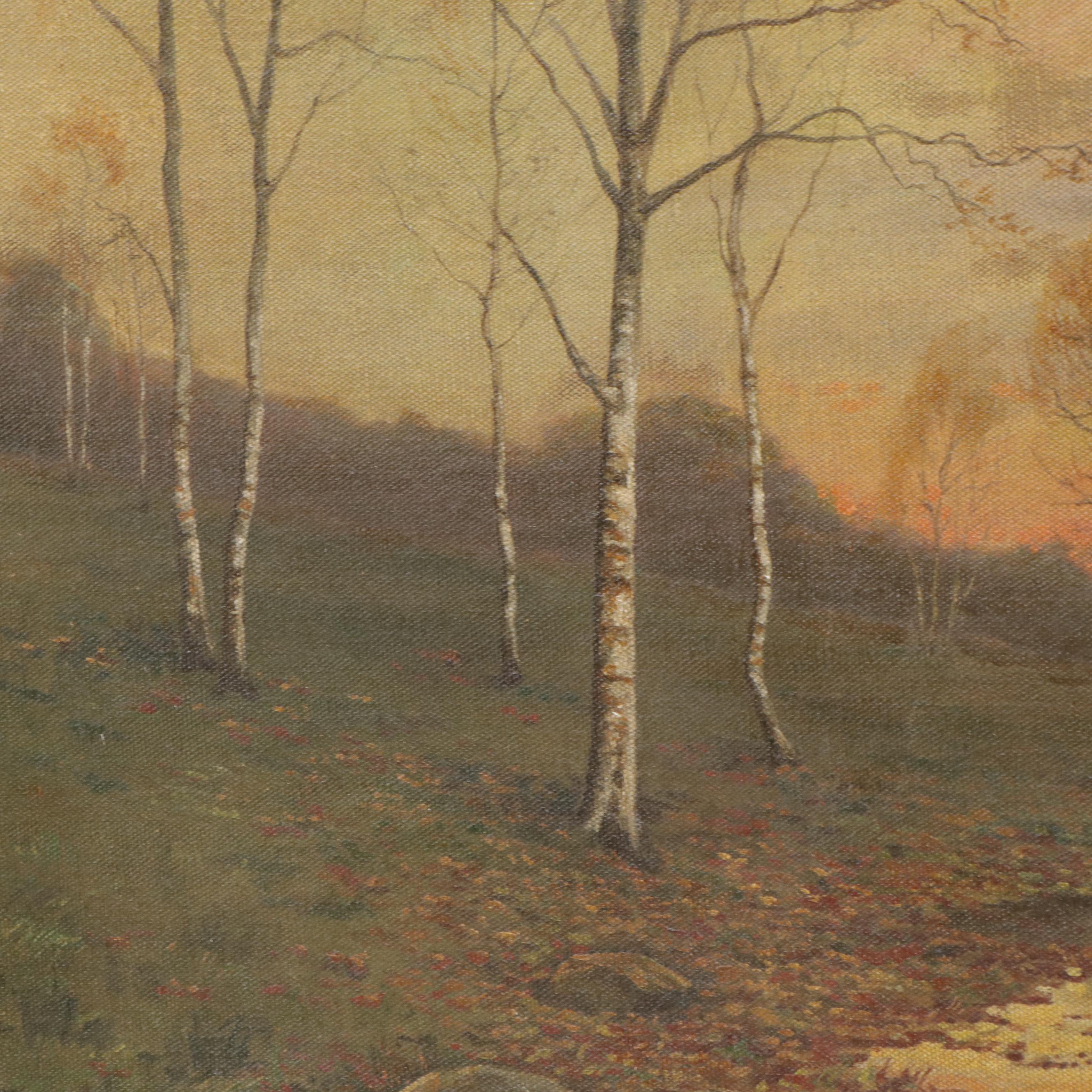 American School Late Autumn Woodland Landscape Oil Painting, Circa 1900