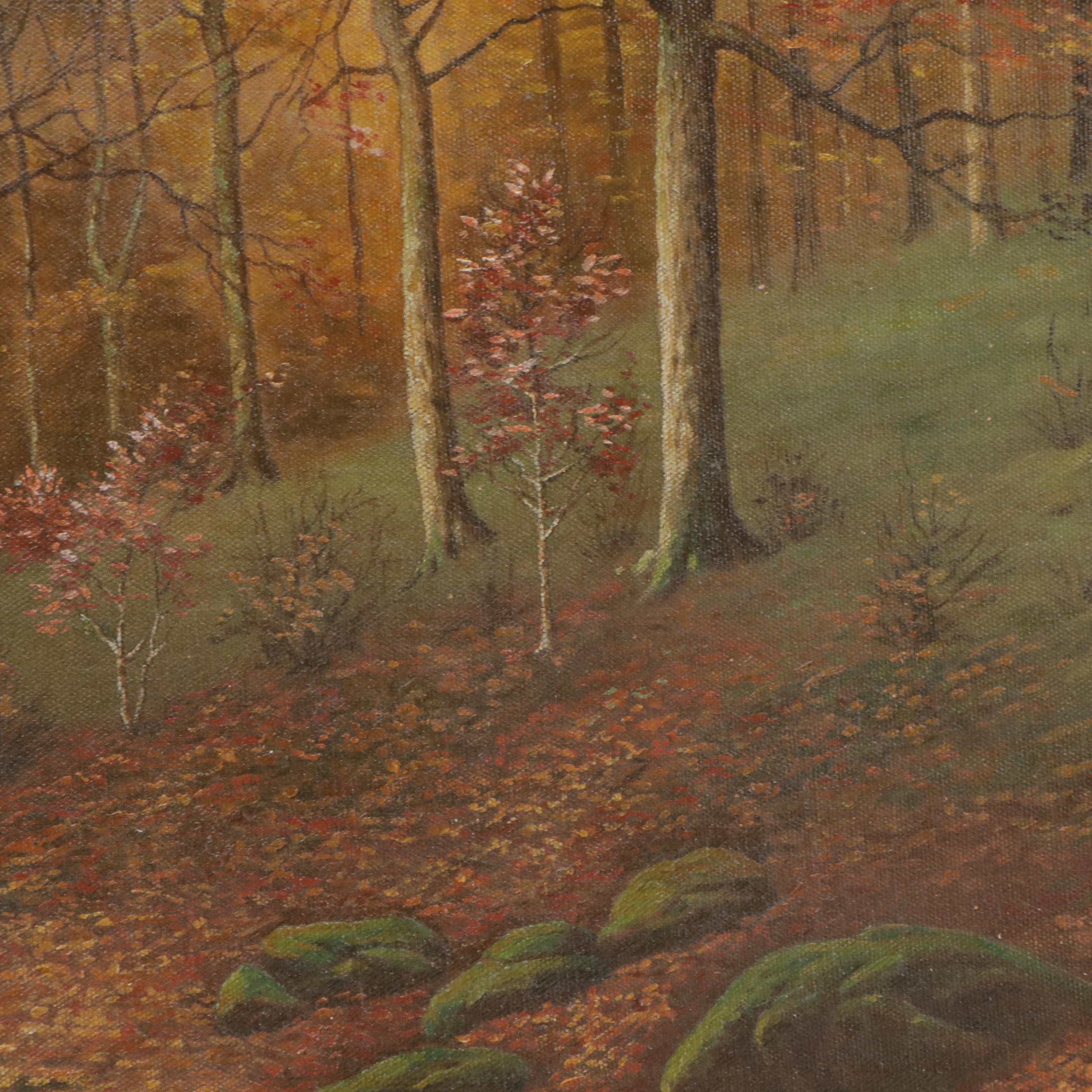American School Late Autumn Woodland Landscape Oil Painting, Circa 1900
