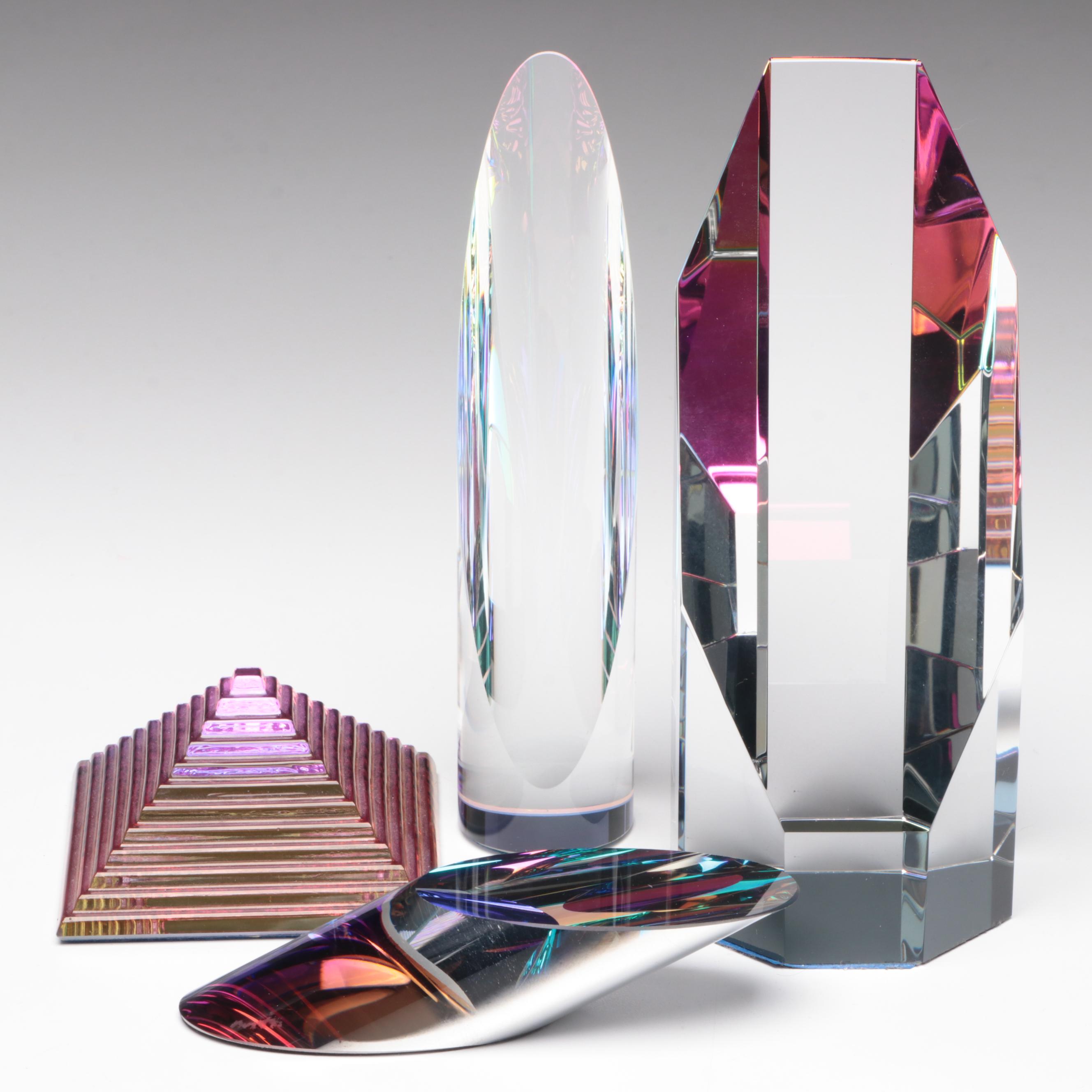 Glass Oblique Octagon Prism and Cylinders with Dichroic Glass Stepped Pyramid