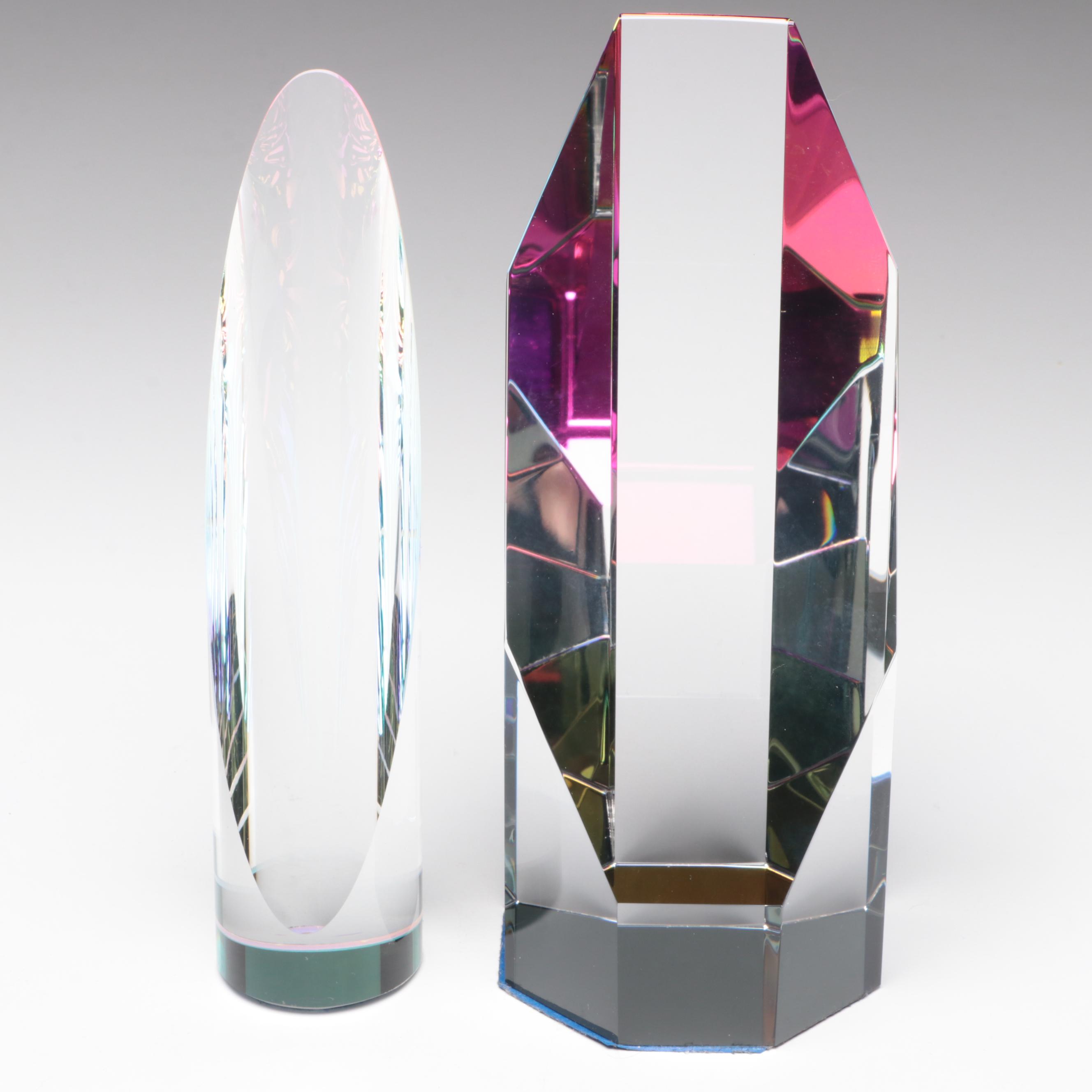 Glass Oblique Octagon Prism and Cylinders with Dichroic Glass Stepped Pyramid