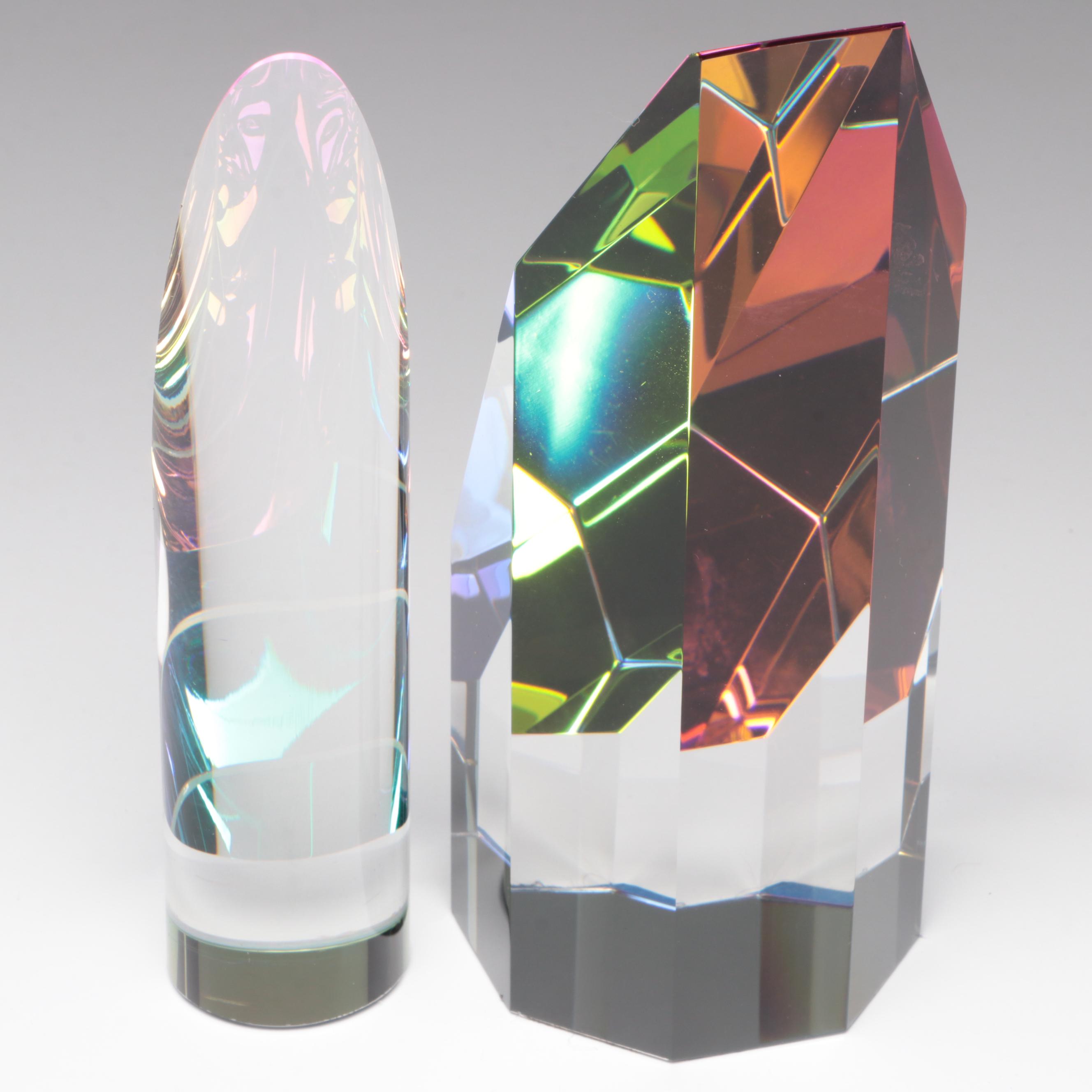 Glass Oblique Octagon Prism and Cylinders with Dichroic Glass Stepped Pyramid